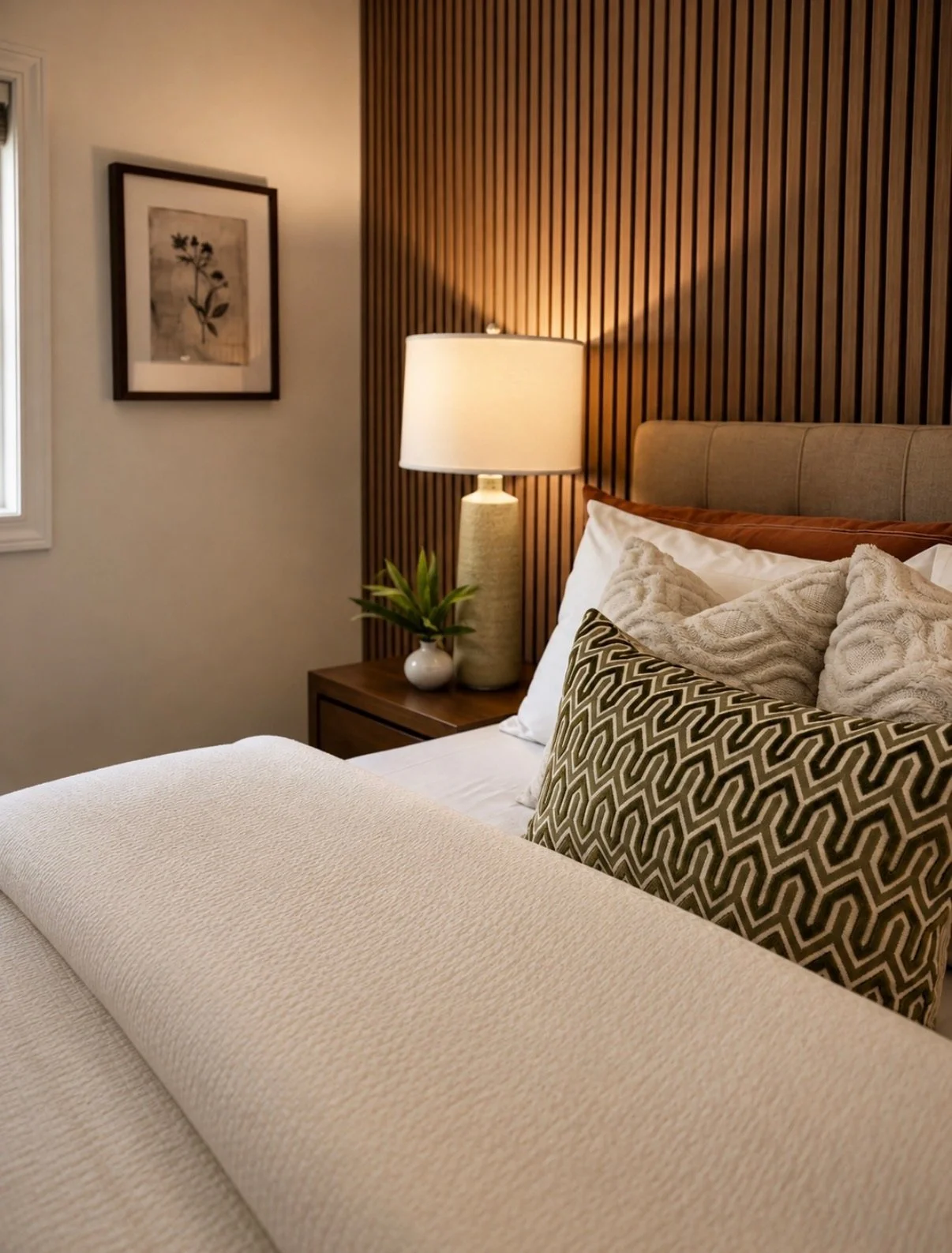 Warm, neutral bedroom, staged with layered bedding, decorative pillows, wood accent wall, bedside lighting, and artwork.
