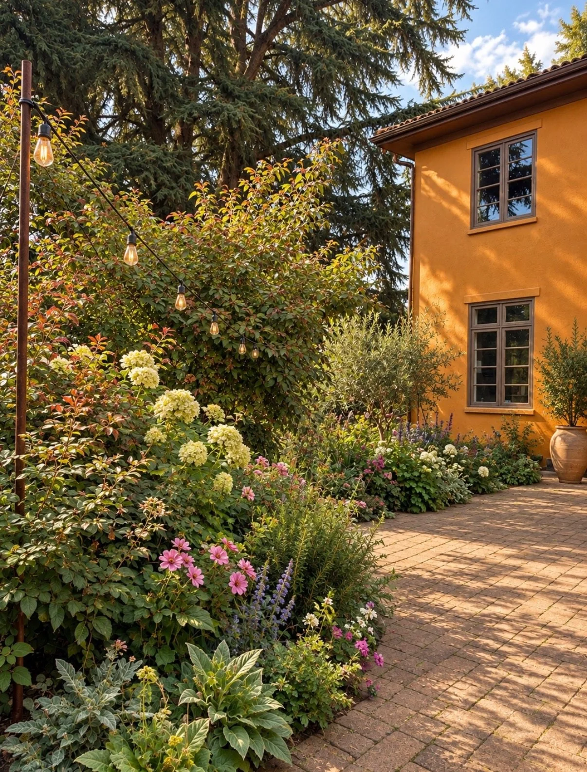 Tuscan-inspired home surrounded by lush gardens, flowering plants, mature trees, and a brick pathway.
