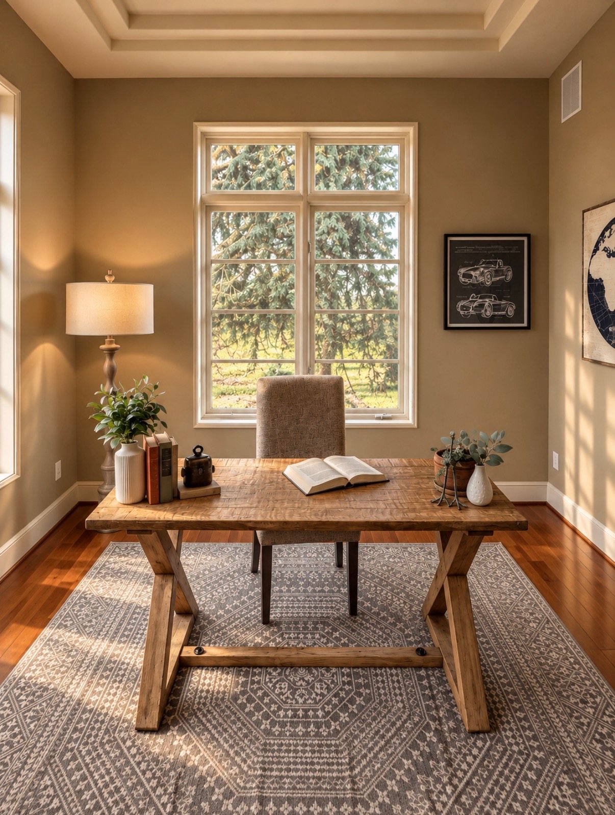 Warm home office styled with a wood desk, greenery, framed artwork, and a natural light from a large window.