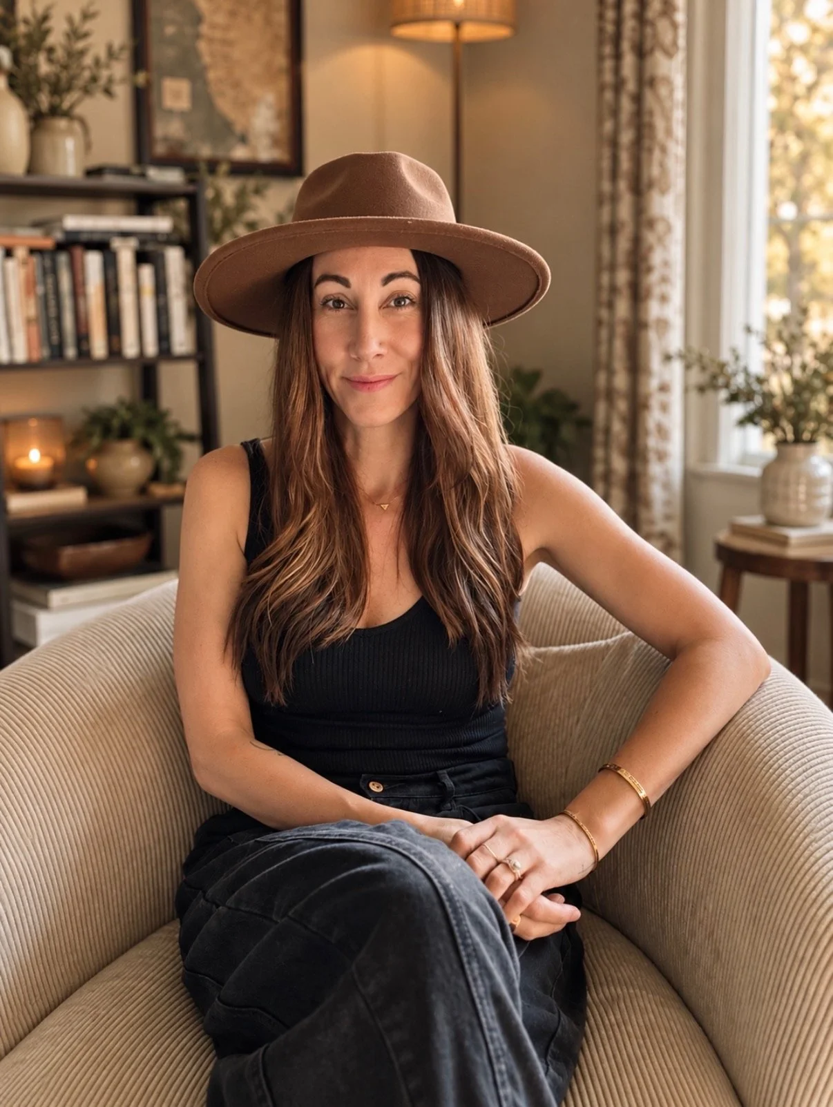 Monica, founder of Haysloft Designs, seated in a styled living room.