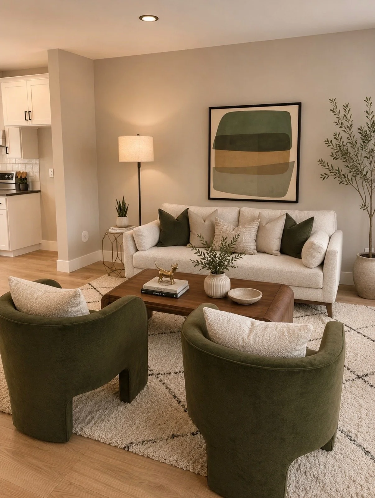 Modern living room with a cream sofa, green and cream pillows, a wooden coffee table, decor, and two green chairs. A large abstract artwork hangs on the wall, with various plants and a standing lamp add to the decor. The space is warm and modern.