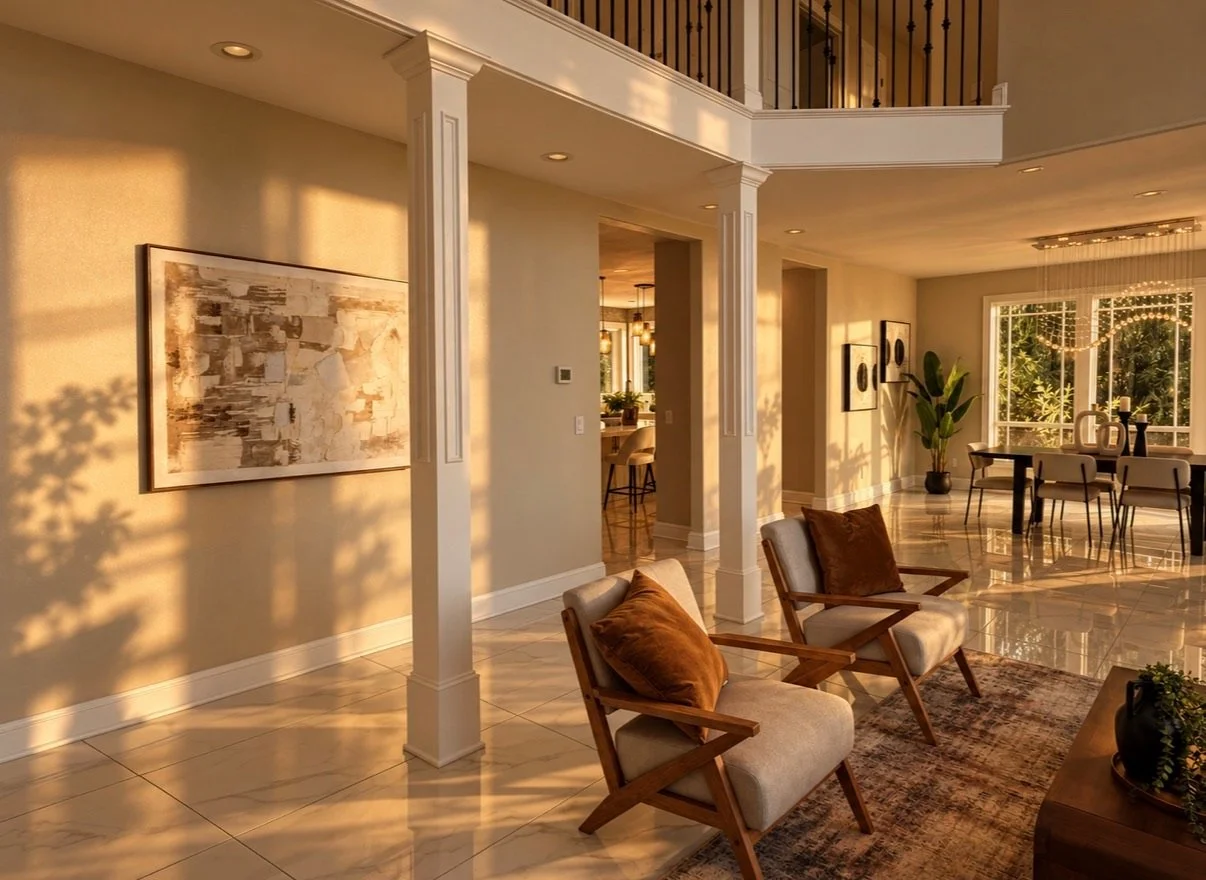 Warm entry way with beige walls, two beige armchairs with brown cushions, a wooden coffee table, a large window with sunlight, an abstract painting, a potted plant, and a dining area with a dark table and chairs.