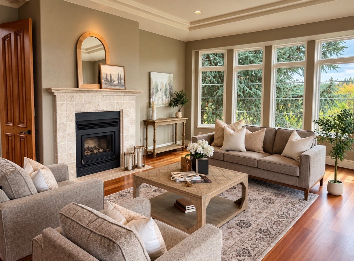 Warm Tuscan inspired living room stage with neutral seating, a wood coffee table, fireplace, layered textures, and large windows over overlooking the trees.