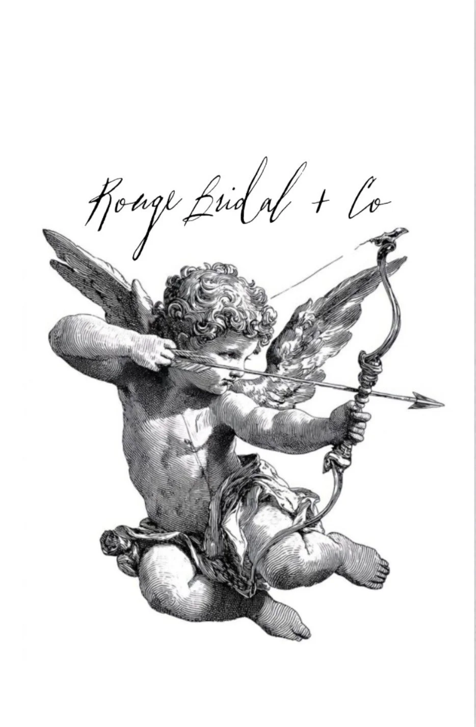 Black and white illustration of a cupid figure with wings, aiming a bow and arrow, with a handwritten script text above that reads "Rogue Bridal + Co."