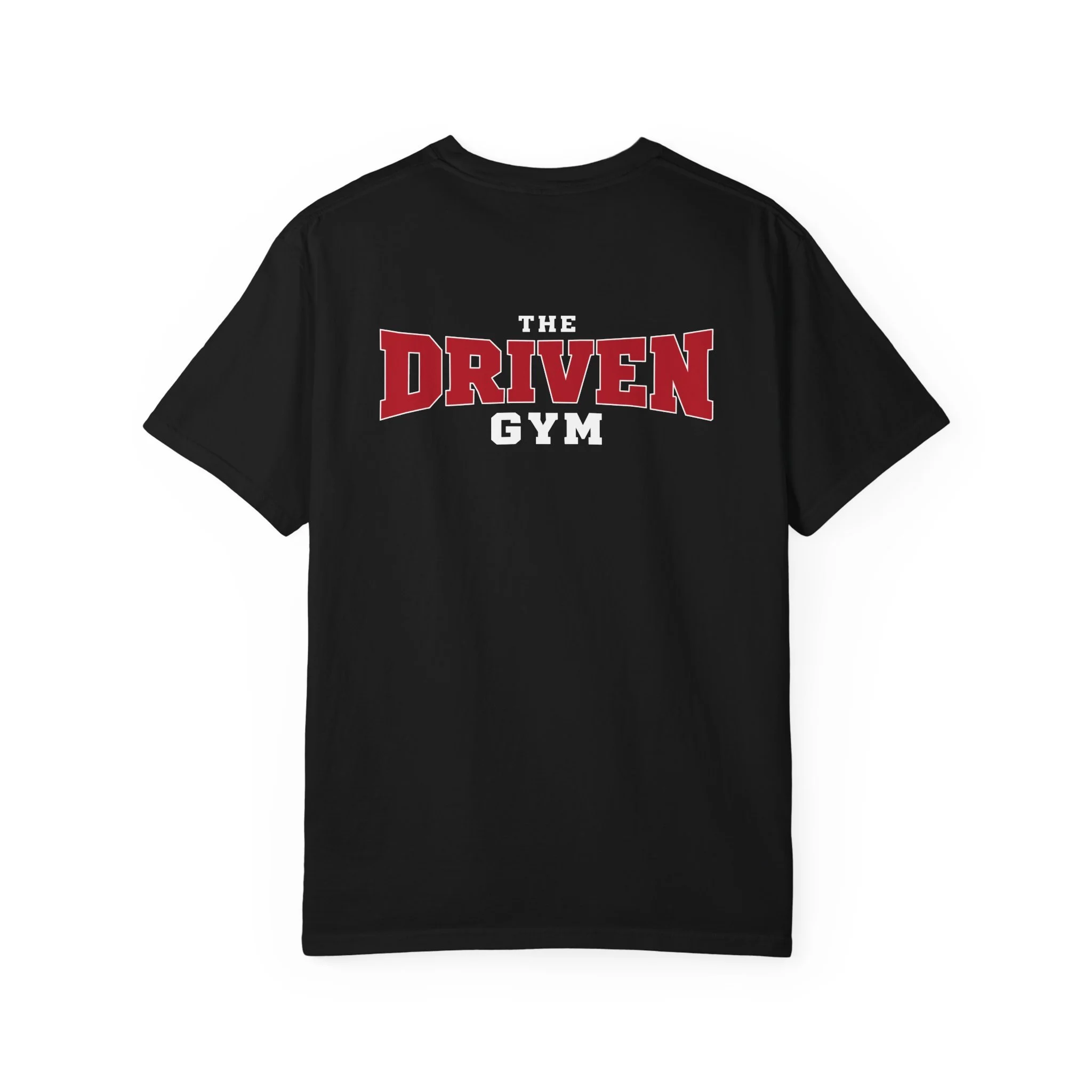 Back of the black The Driven Gym heavyweight T-shirt with a large crimson-and-white THE DRIVEN GYM logo.