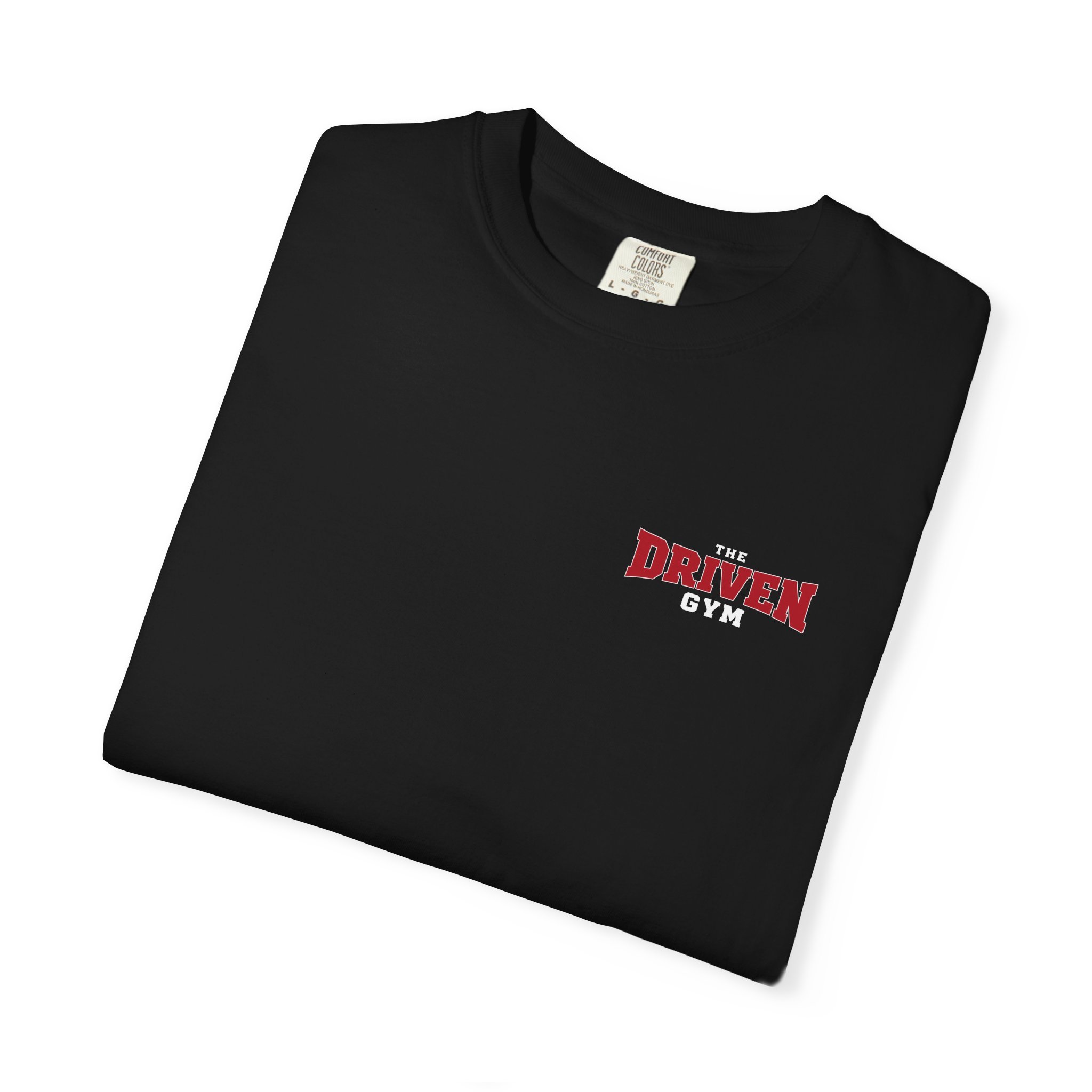 Folded black The Driven Gym heavyweight T-shirt with the crimson-and-white chest logo visible.