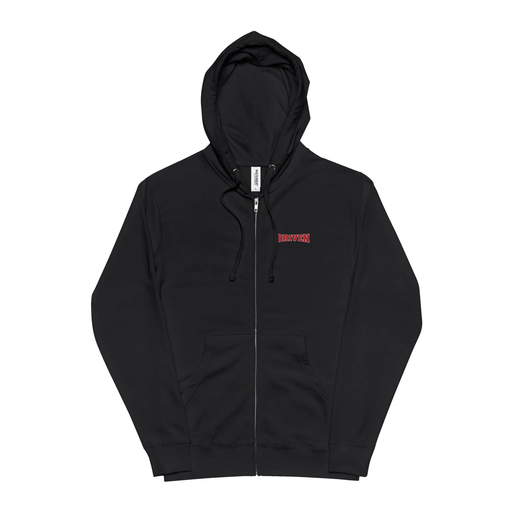Black The Driven Gym zip-up hoodie, front view with small crimson DRIVEN lettering on the left chest.