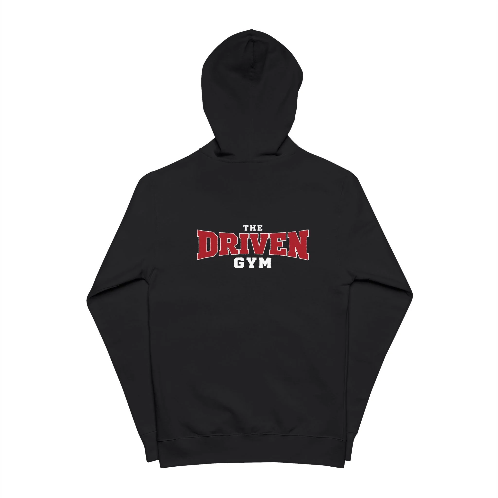 Back of the black The Driven Gym zip-up hoodie with a centered crimson-and-white THE DRIVEN GYM logo.