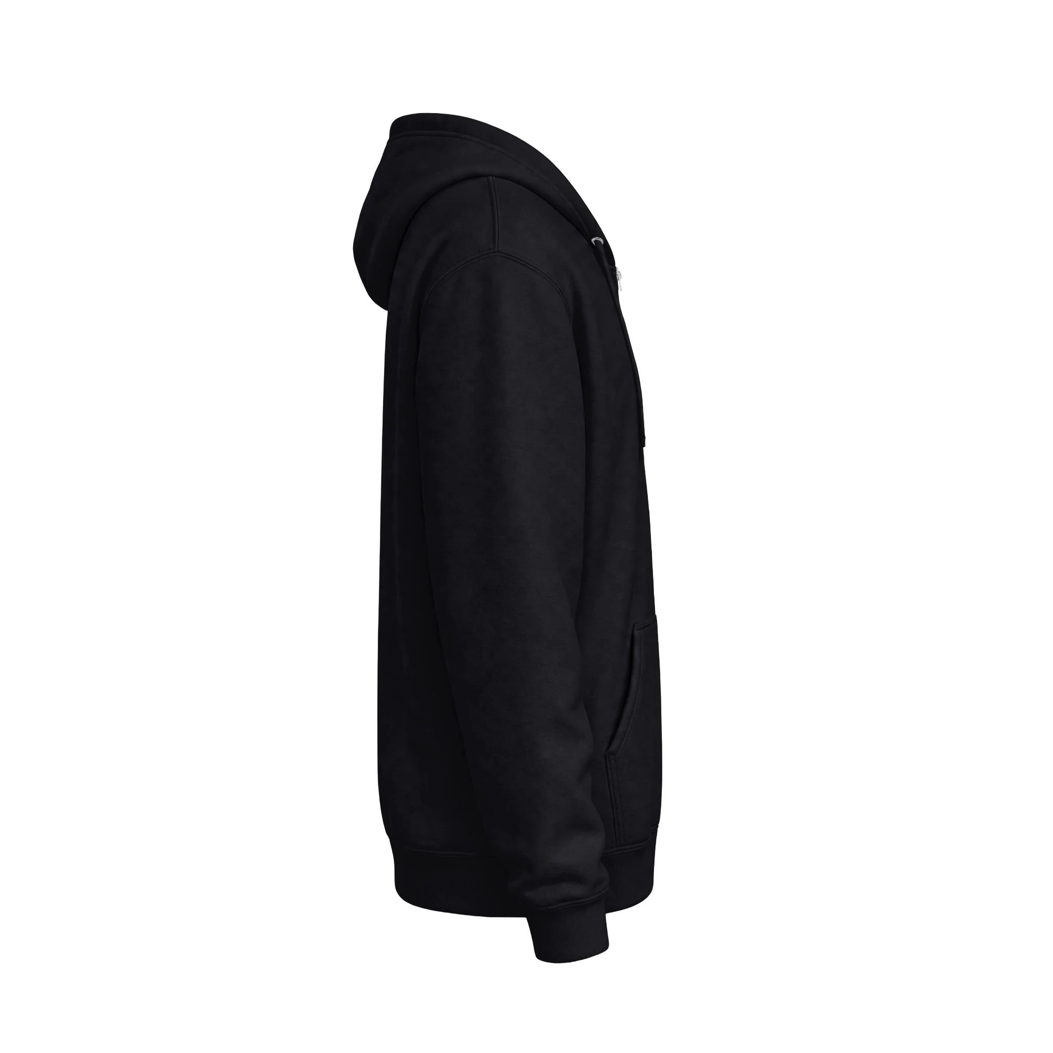 Right side view of the black The Driven Gym zip-up hoodie, showing the sleeve and hood.