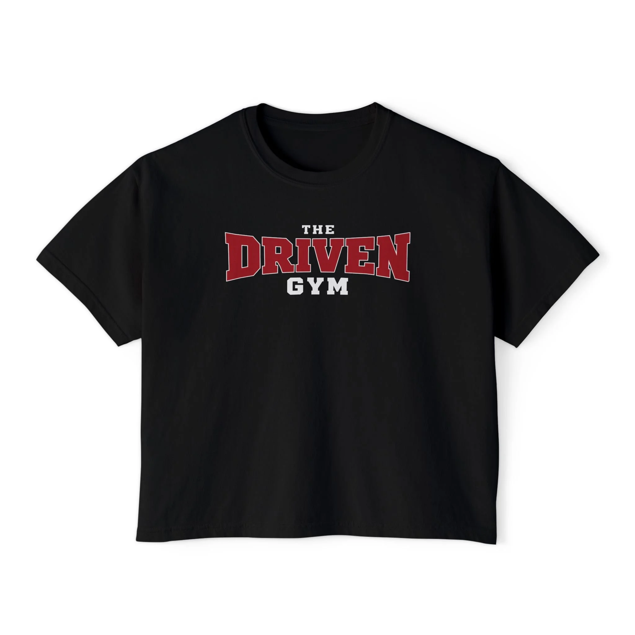 Black The Driven Gym women’s boxy T-shirt, front view with a large crimson-and-white THE DRIVEN GYM logo.