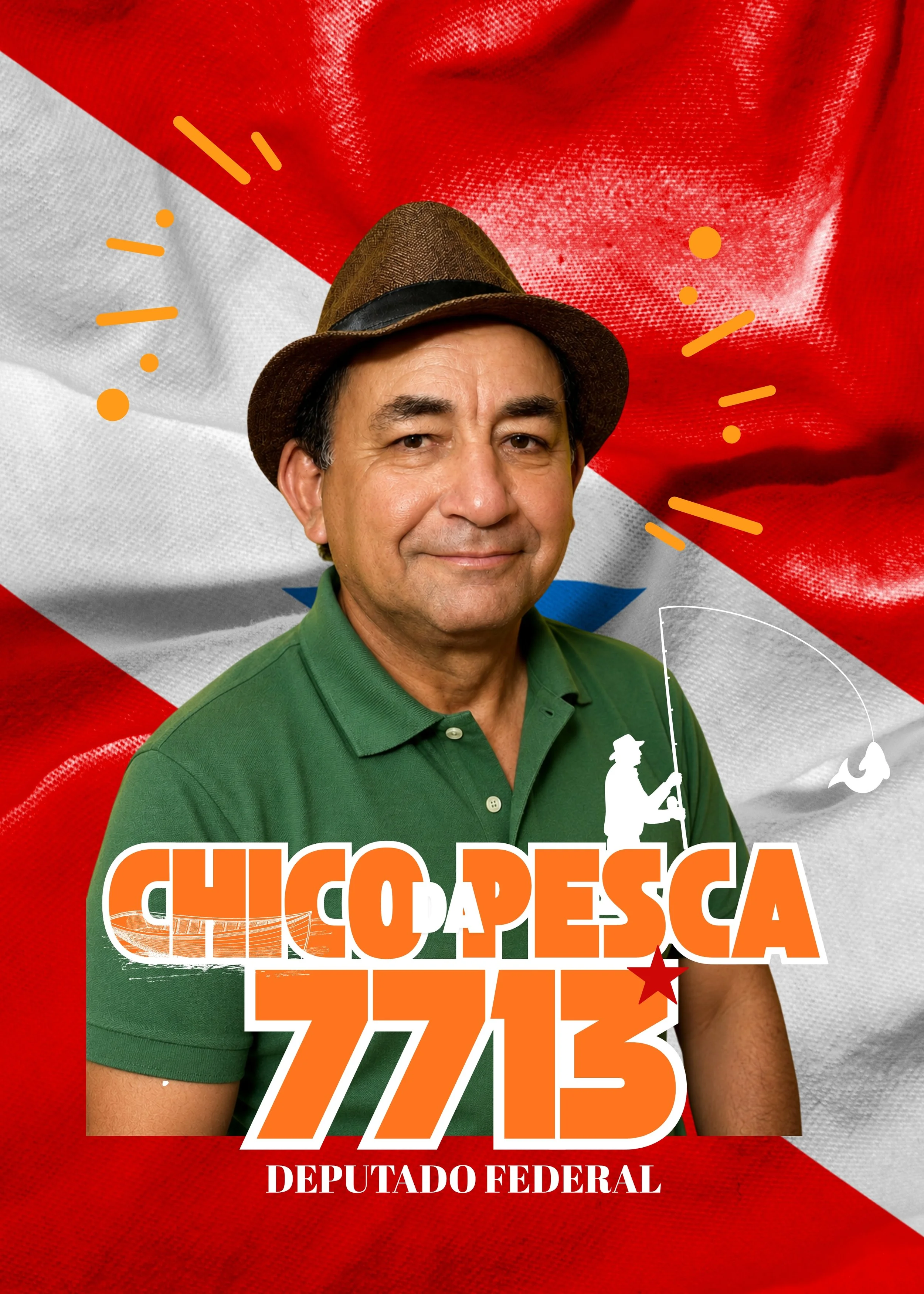 Imagem de fundo com a bandeira do Brasil e uma foto de um homem usando camisa verde e chapéu marrom. Sobre ele, há textos em destaque relacionados a uma candidatura de deputado federal, com números e cores vibrantes como laranja e branco.