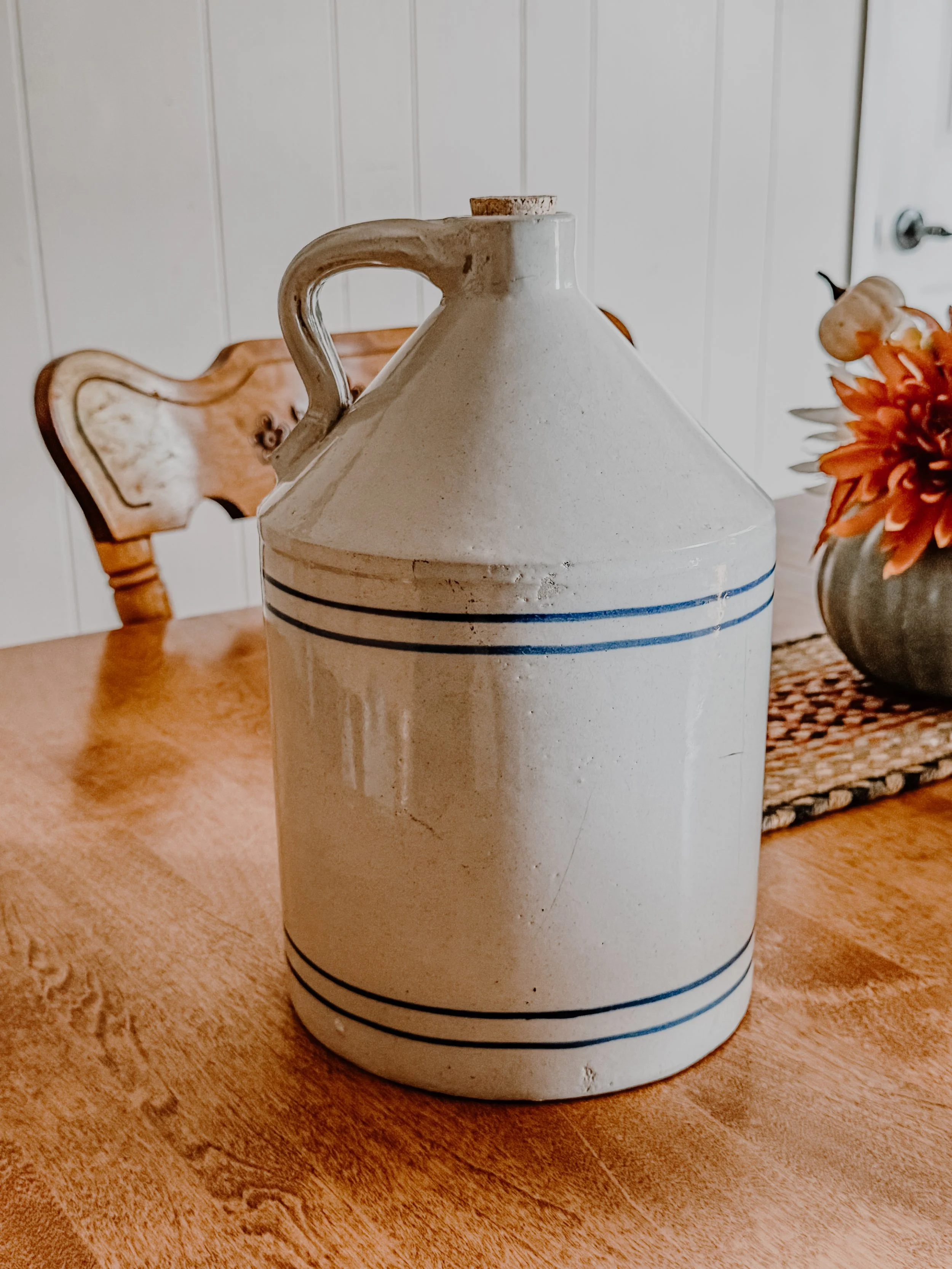 Vintage Blue-Striped Stoneware Jug with Cork