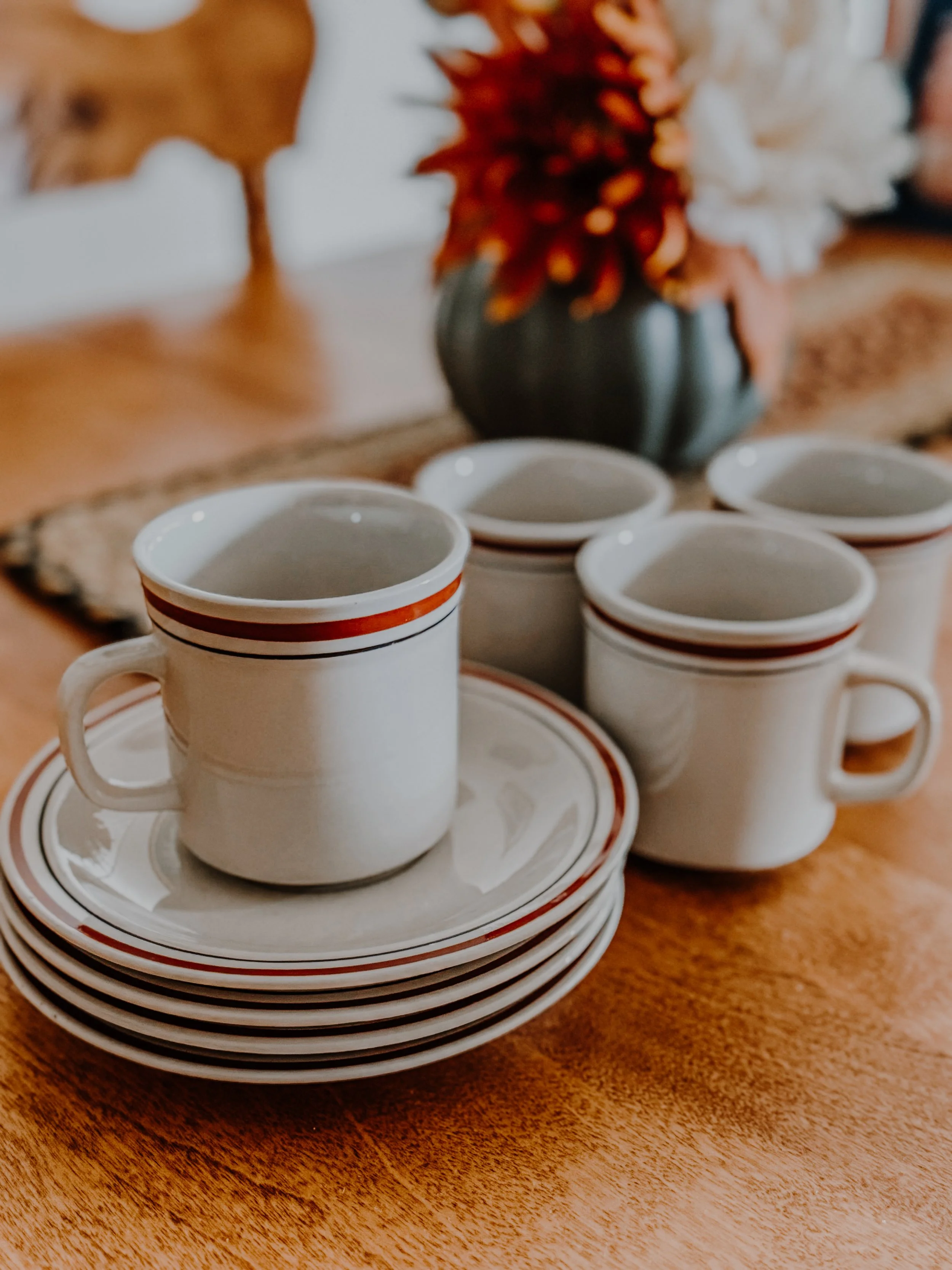 Vintage Striped Stoneware Cups & Saucers – Set of 4