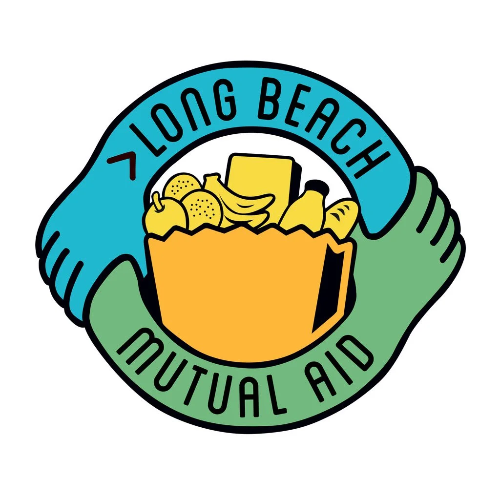 Illustration of hands holding a bowl of snacks, with the text 'Long Beach Mutual Aid' encircling the image.