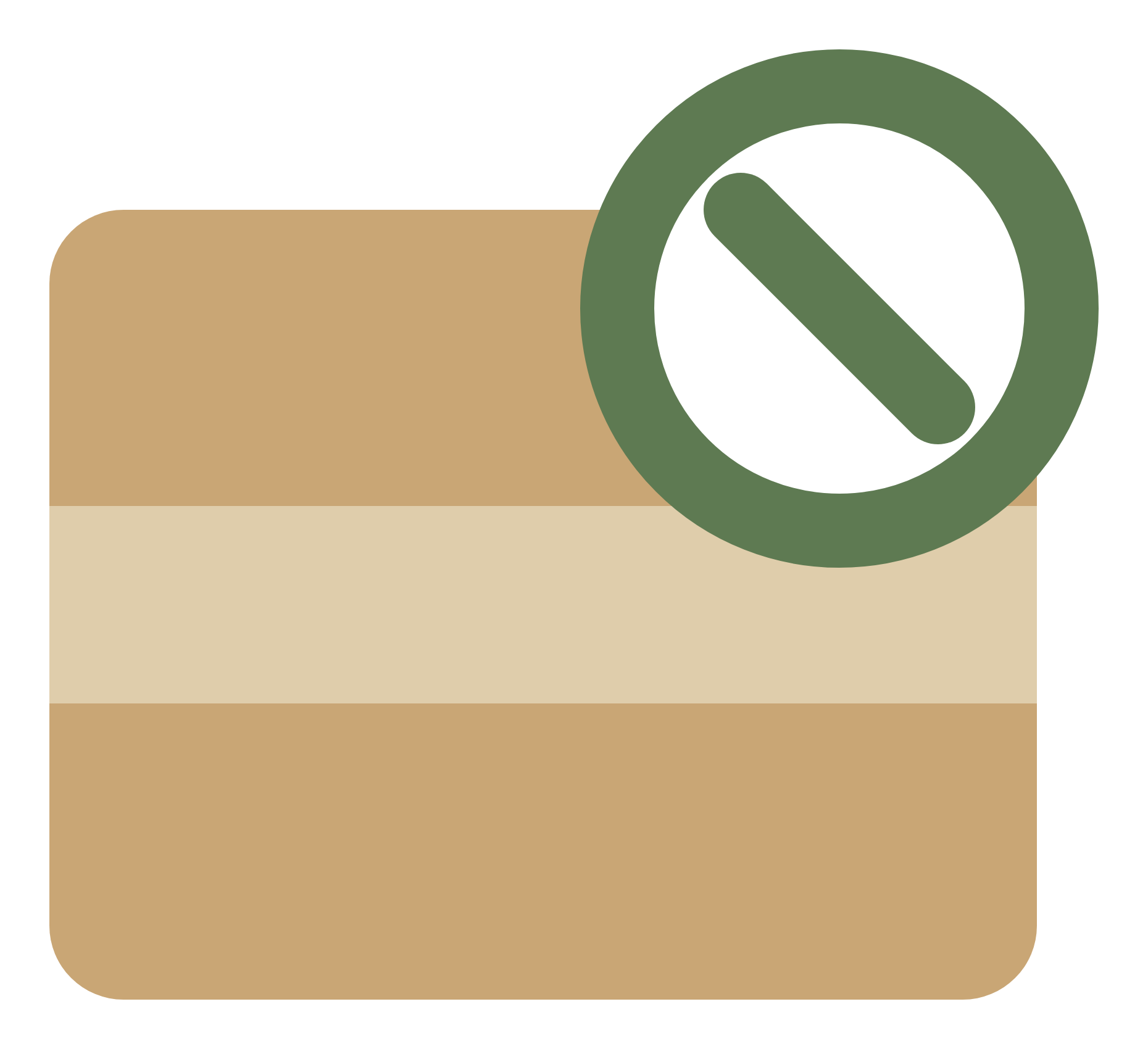 A beige and brown cardboard box with a green and white circular logo featuring a diagonal bar in the center.