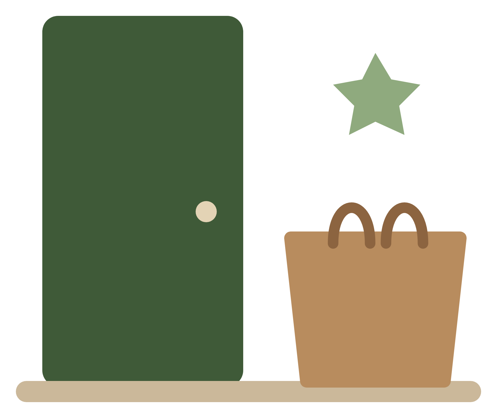 A green door with the brown tote full of cardboard waiting to be picked up outside.