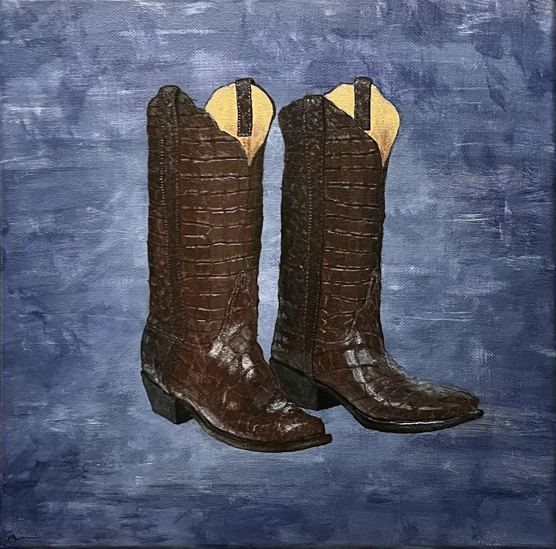 A painting of a pair of dark brown cowboy boots with pointed toes and heels, set against a blue textured background.