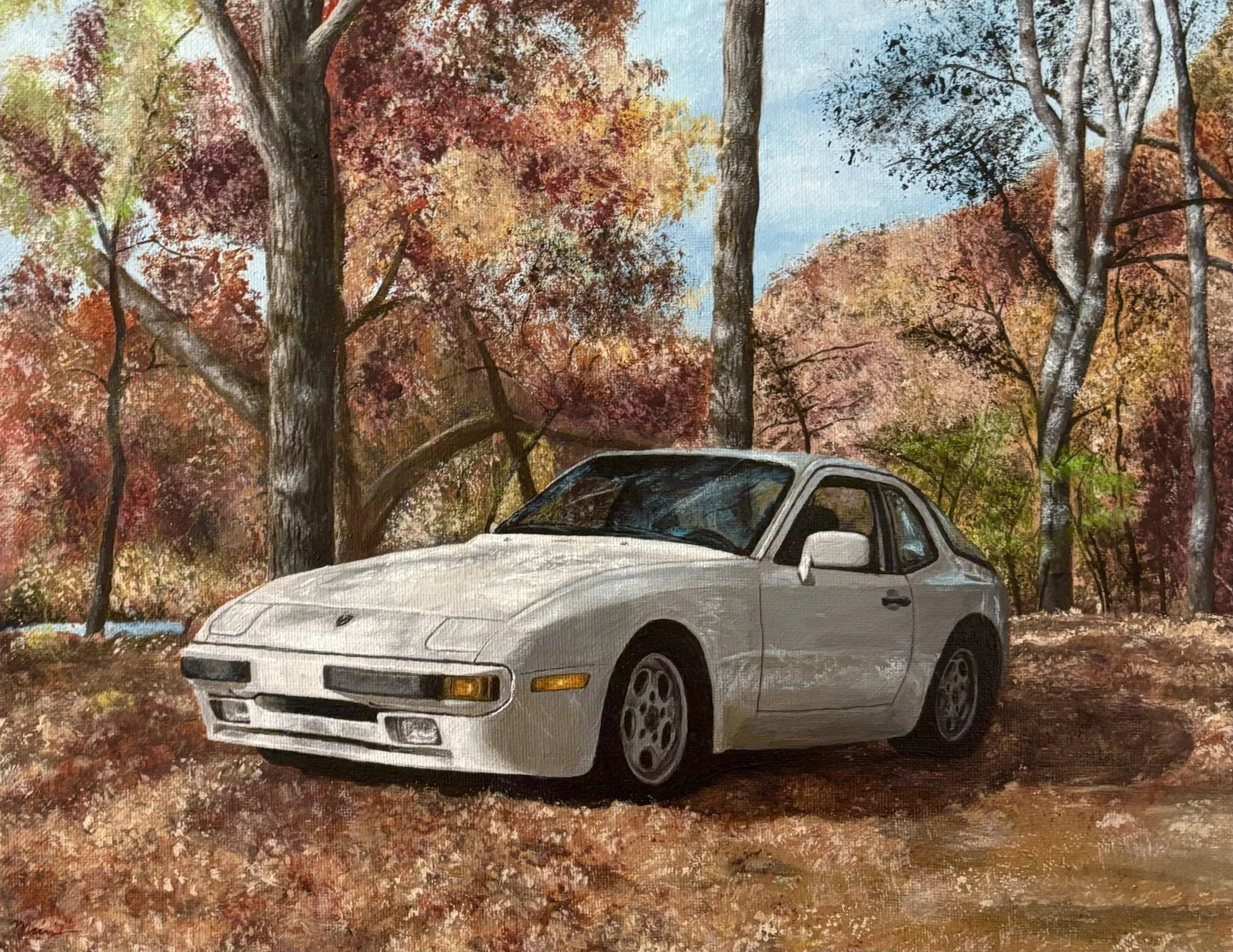 Painting of a white Porsche car parked on a dirt path surrounded by colorful autumn trees with orange, red, and yellow leaves.