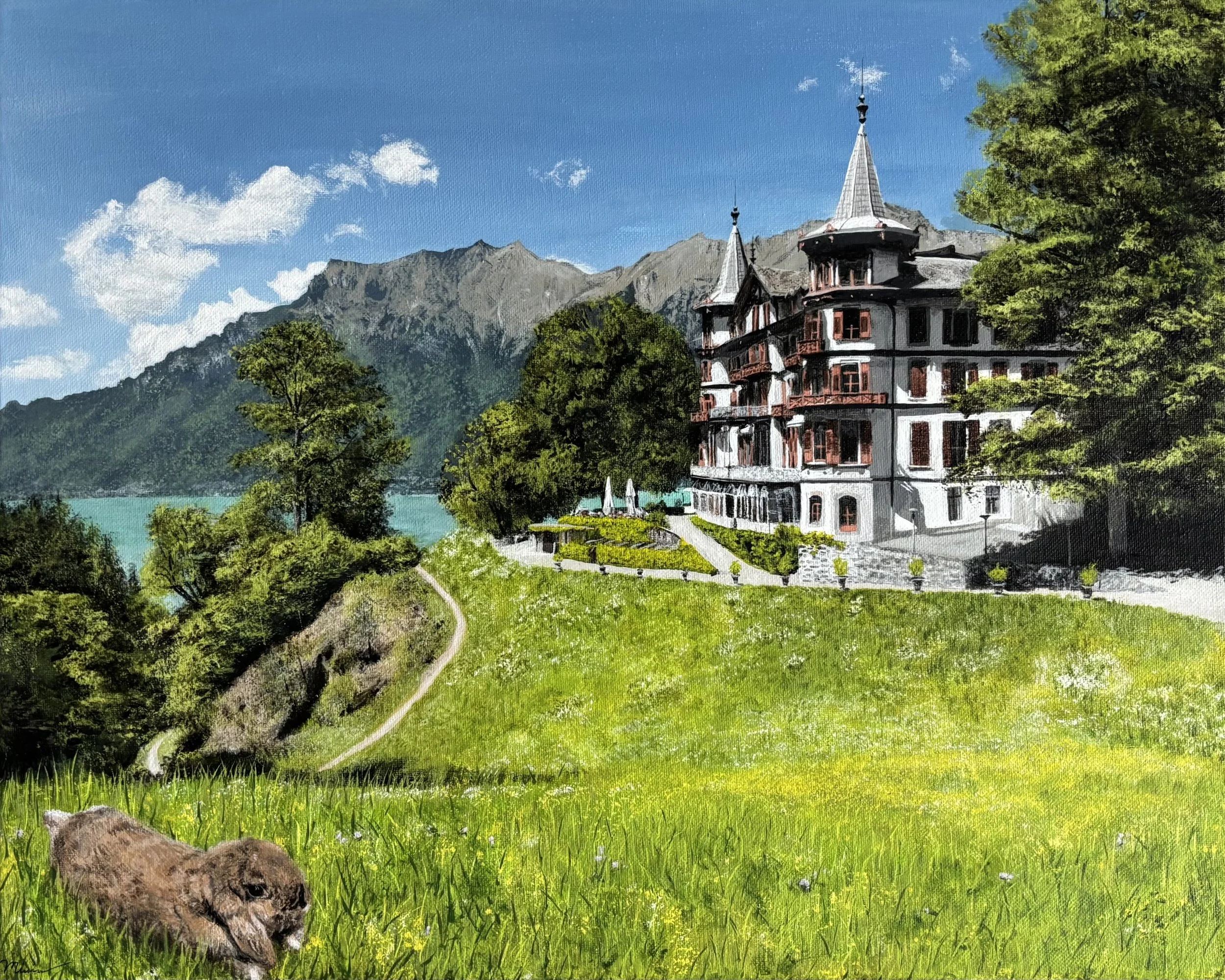 A painting of a green landscape featuring a grassy field and a small bunny. Behind it is a beautiful mountain, lake, and castle.