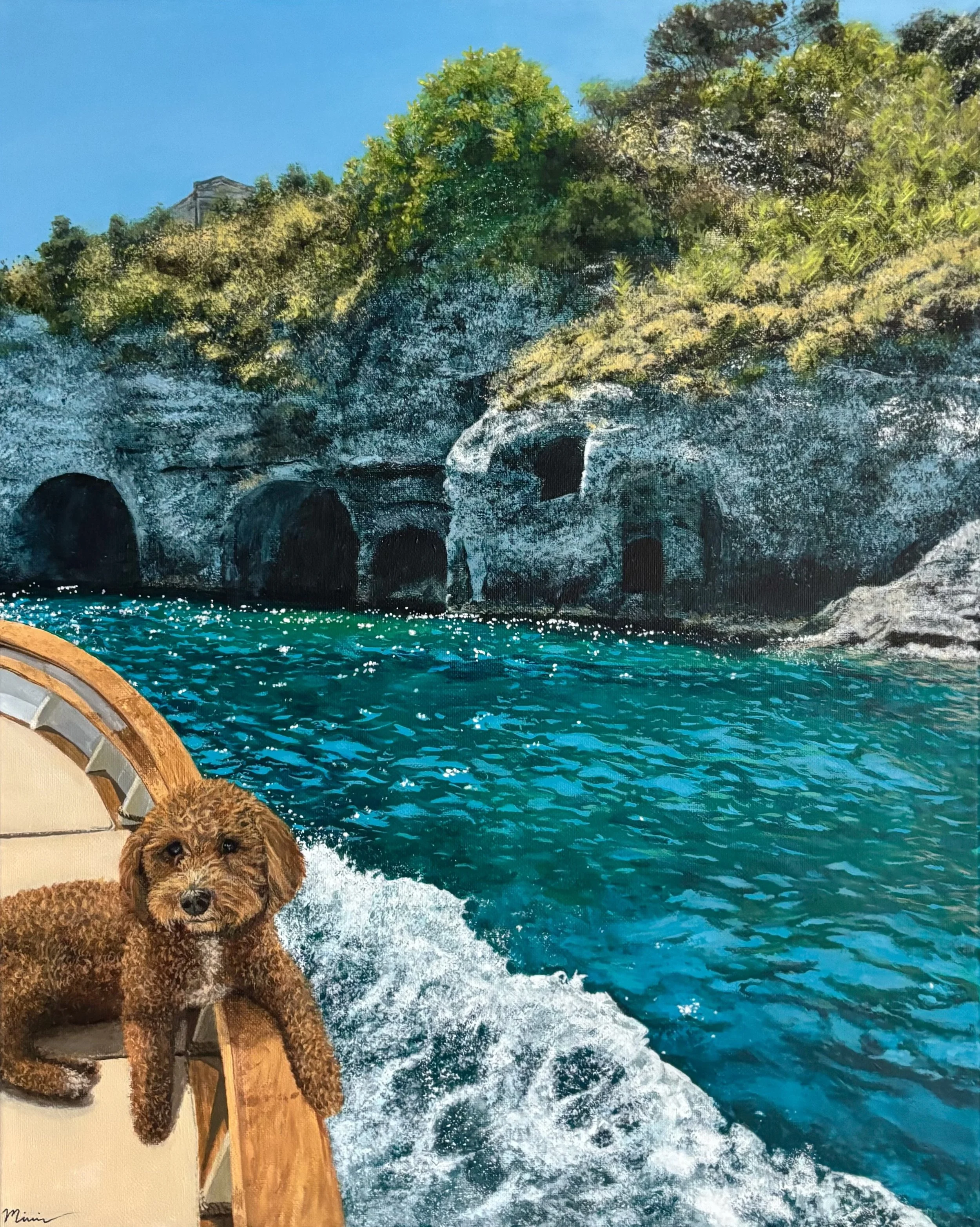 Painting of an orange doodle dog on a boat with a scenic view