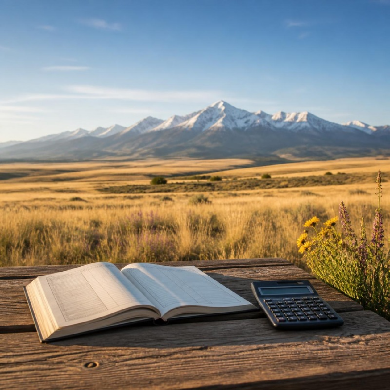 Open notebook, calculator, and wildflowers on a wooden table with a scenic mountain landscape in the background, featuring yellow grass, mountains with snow, and a blue sky.