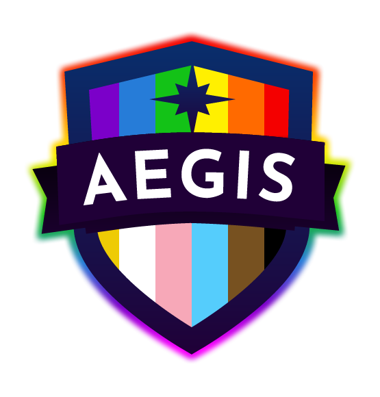 A shield logo with rainbow colors and a black star at the top. The shield is divided into vertical stripes in rainbow order, with additional colored bands. The word "AEGIS" is written in bold white letters on a black ribbon across the shield.