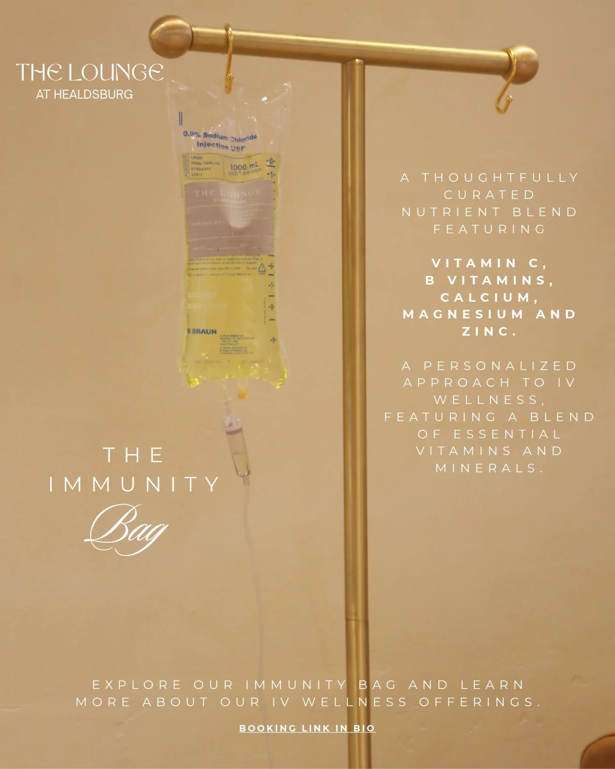✨ Meet The Immunity Bag at The Lounge at Healdsburg.

Featuring a blend of Vitamin C, B vitamins, calcium, magnesium, and zinc, this IV wellness offering is part of our personalized approach to wellness.

Curious about our IV services? Contact our te