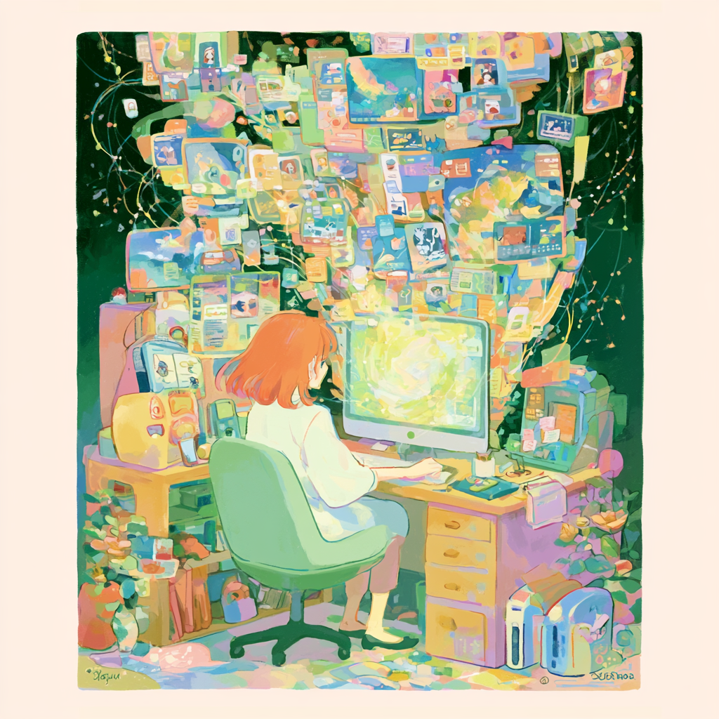 A person with orange hair working at a computer desk surrounded by numerous colorful screens, books, and electronic devices in a vibrant, artistic style.