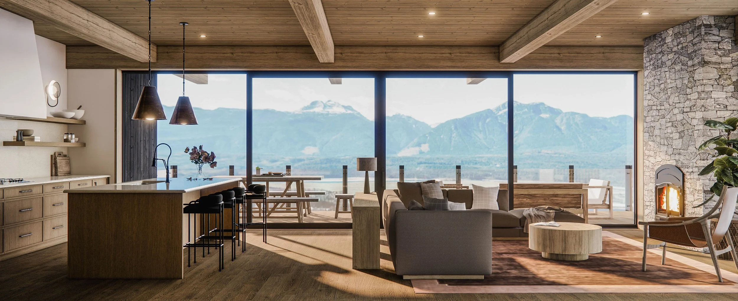 Modern living room and kitchen with large windows overlooking mountains, featuring a sofa, coffee table, dining table, pendant lights, and a fire in the fireplace.