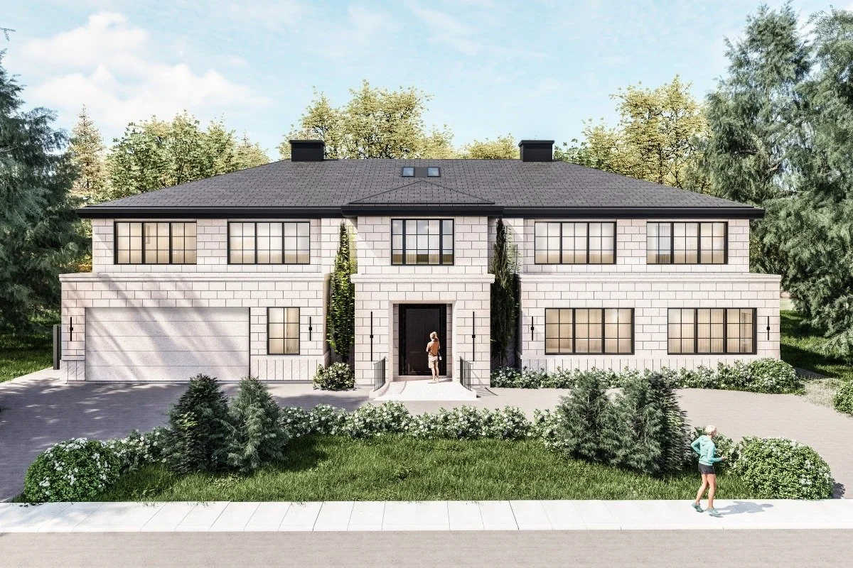 A modern two-story house with a stone exterior, black trim, and large grid windows. There is a central front door with small steps and two tall trees flanking it. The front yard has grass, shrubs, and small bushes, with a sidewalk and a person jogging in the foreground.