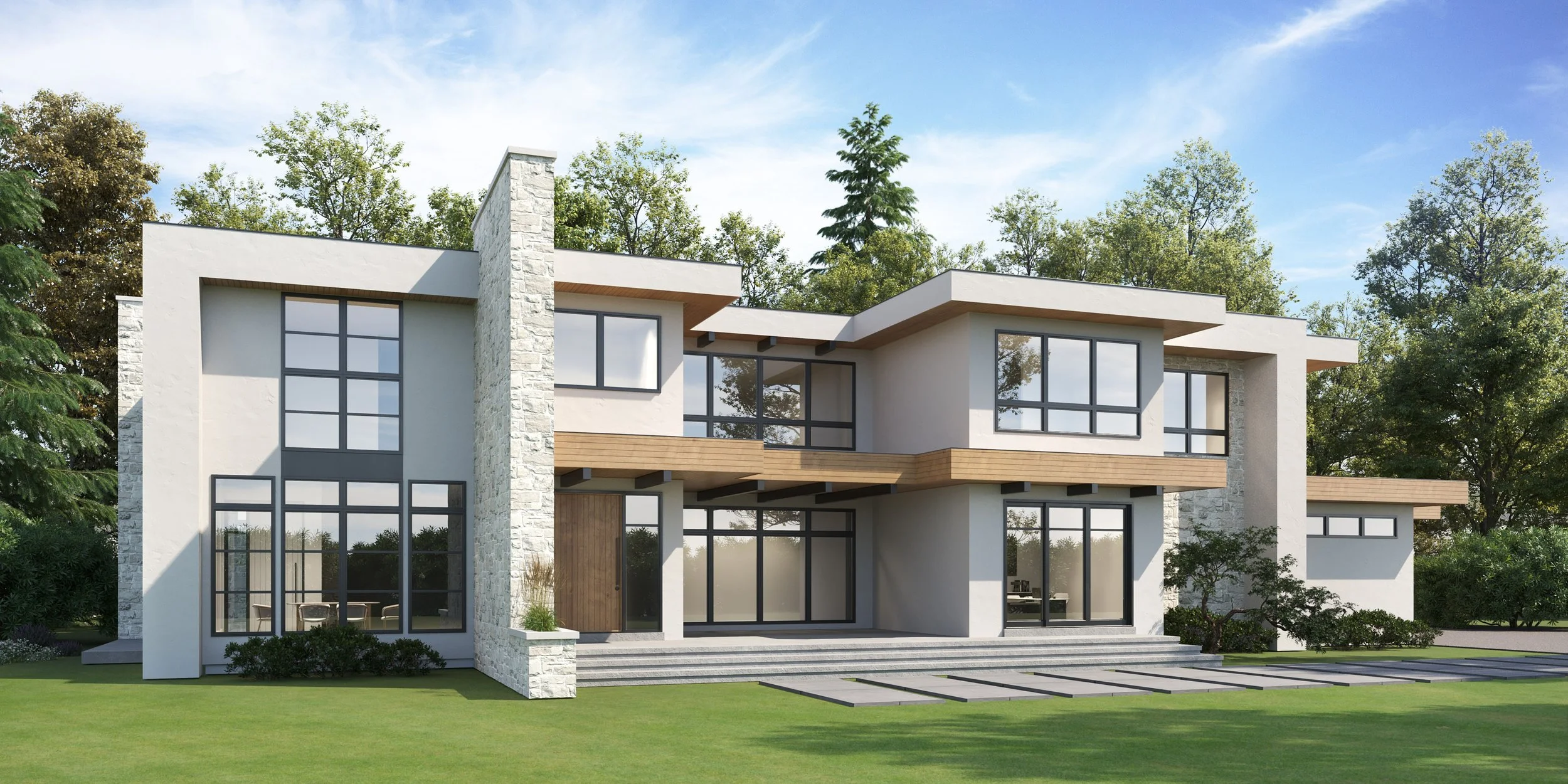 Modern two-story house with white walls, large windows, stone accents, and a flat roof, surrounded by green grass and trees, under a partly cloudy sky.