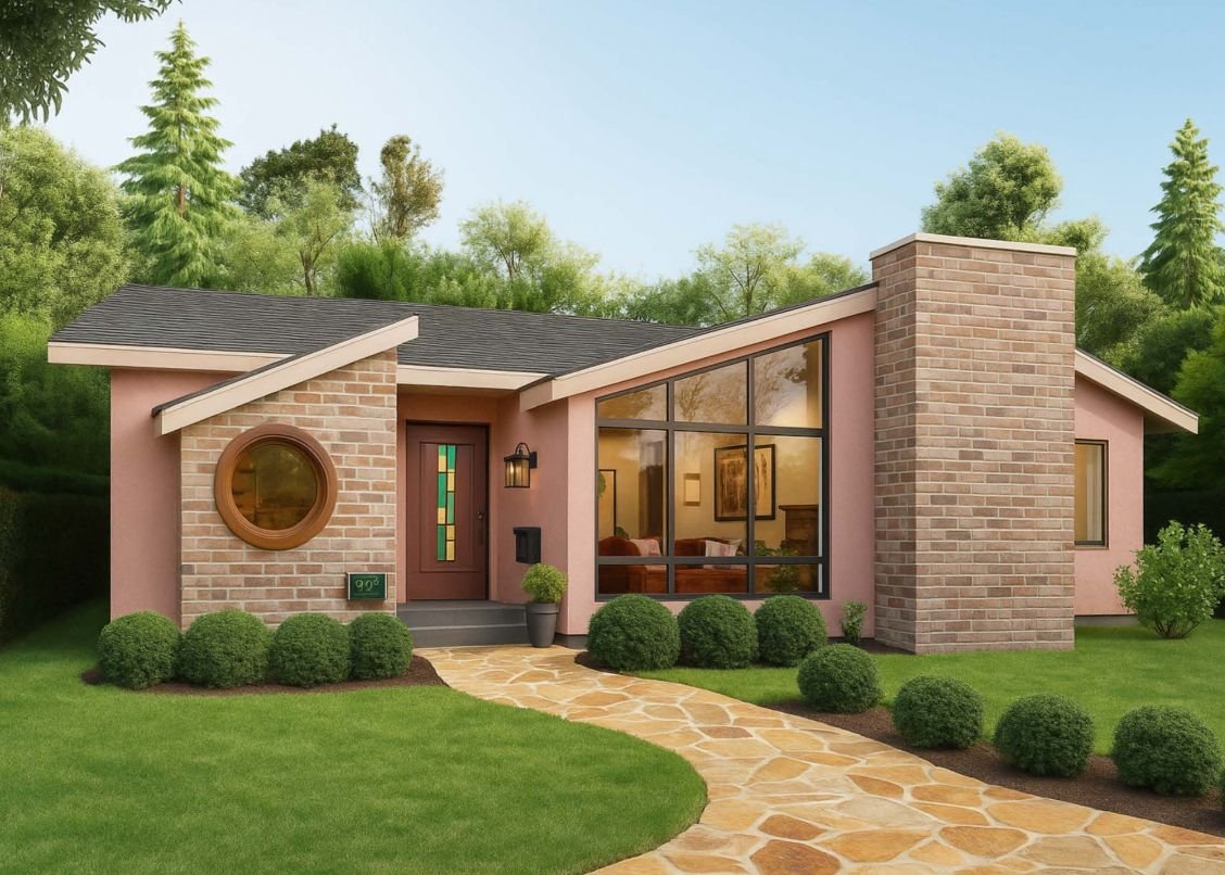 Modern house with pink exterior, large front window, chimney, and stone pathway leading to the entrance, surrounded by green lawn and bushes, with trees in the background.
