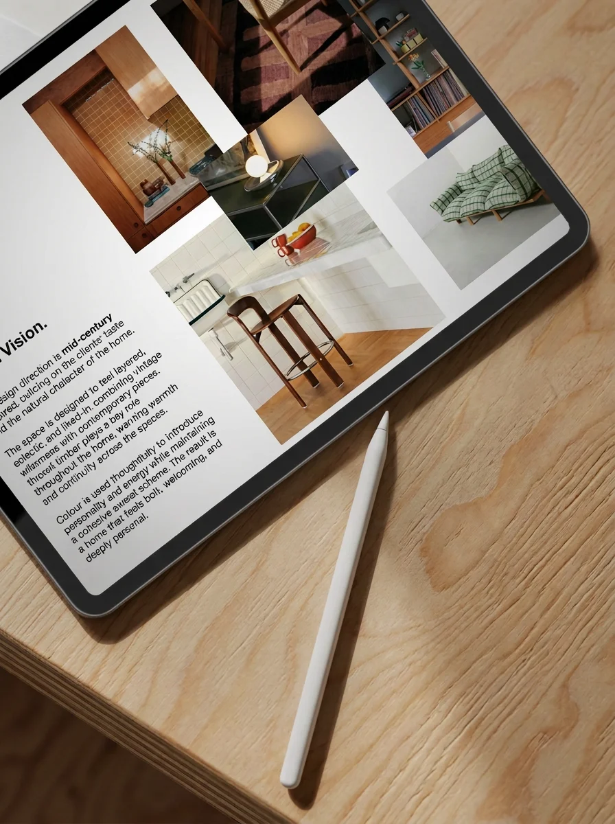 Tablet on a timber table showing an interior design presentation with mood board images, with a stylus beside it