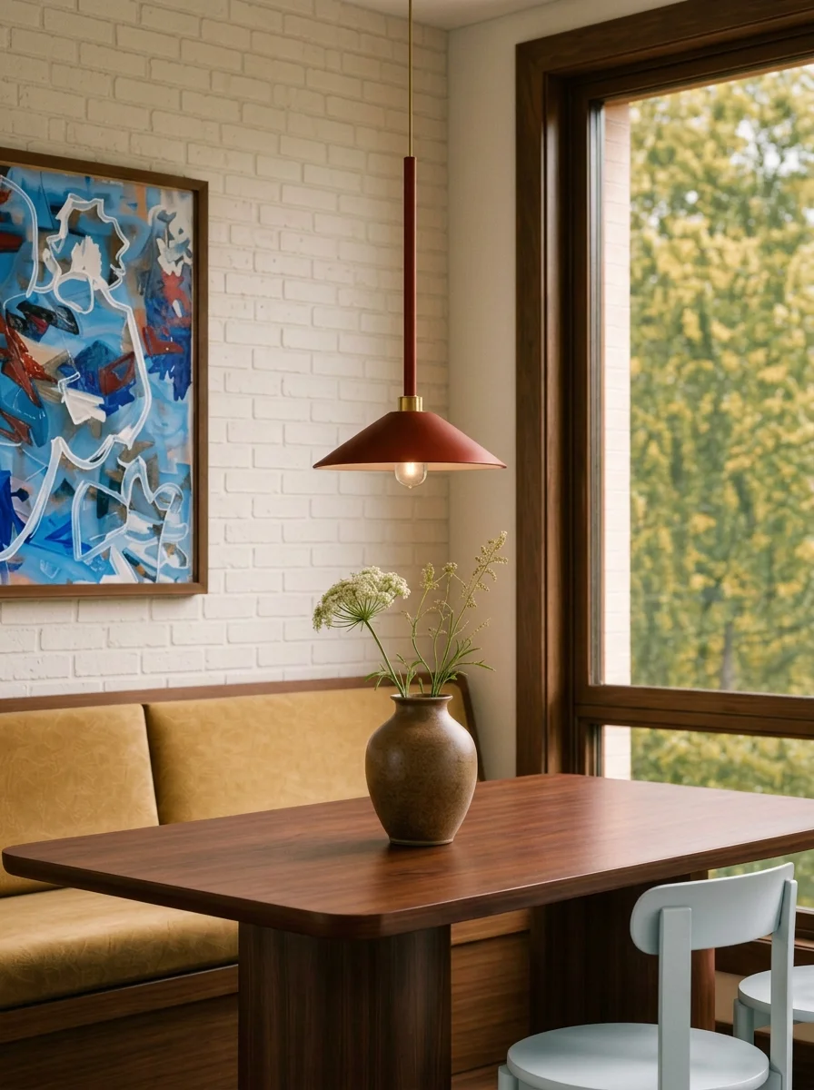 Dining nook with a timber table, built-in bench seat, red pendant light and abstract artwork beside a large timber-framed window