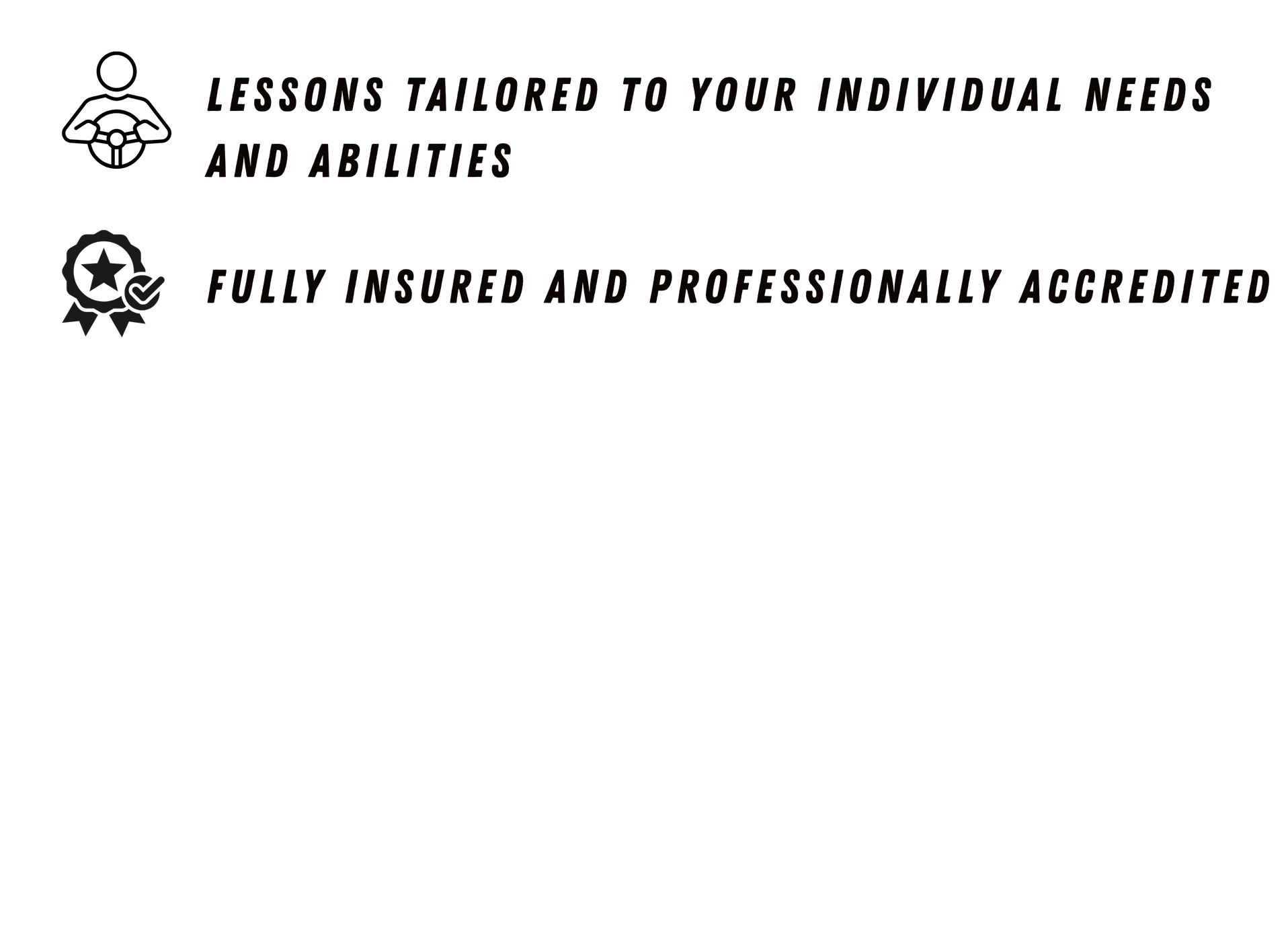 Text on a black background promotes custom lessons tailored to individual needs and abilities, emphasizing full insurance and professional certification.