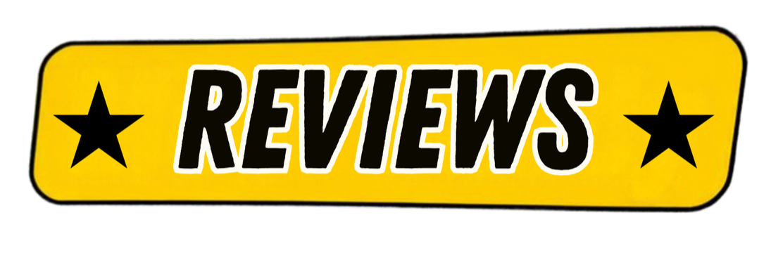 A yellow rectangular badge with rounded edges and black border, displaying the word 'REVIEWS' in bold black and white text, flanked by black stars on each side.