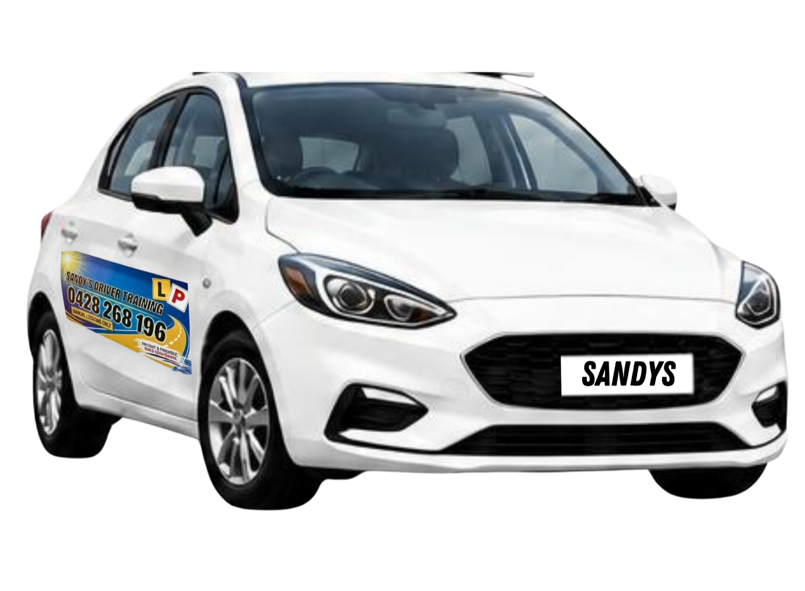White car with a large advertising sticker on the side promoting a driving school, including a phone number, and a license plate that reads "SANDYS."