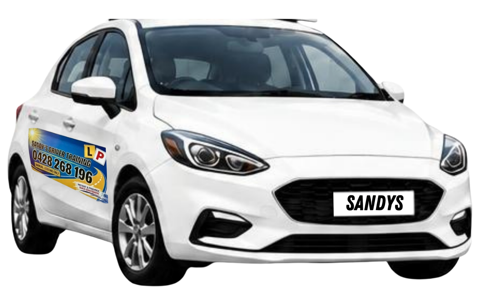 White driving school car with 'SANDY'S' on the license plate, a decal on the side advertising driver training with a phone number, and instructional signs on the side.