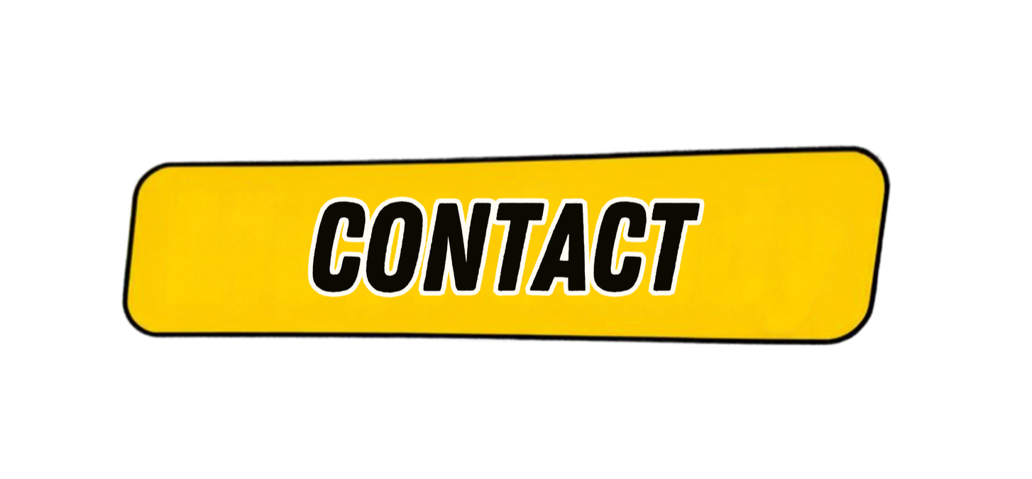 Yellow contact button with bold white and black text, on a black background.