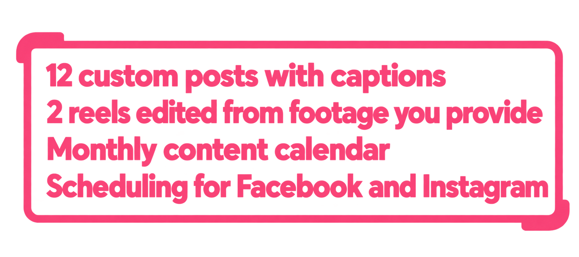 Pink text inside a pink rounded rectangle providing tips: nine posts with captions, two selected from Facebook and Instagram, and a monthly content calendar.