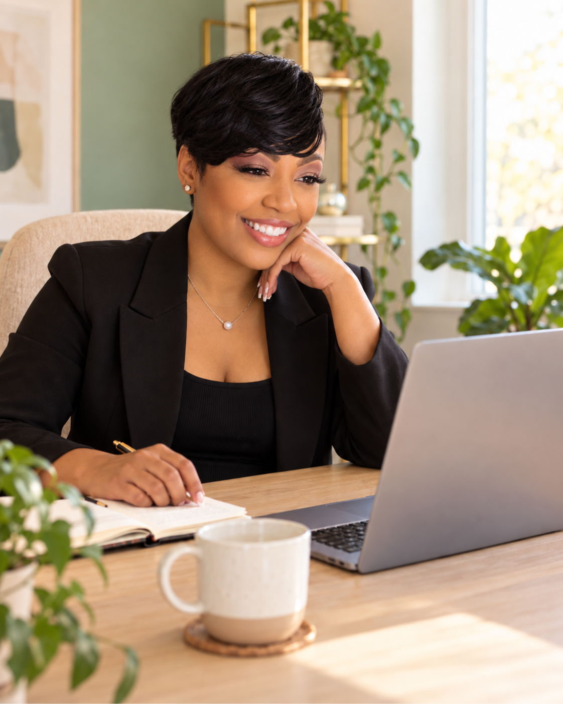 A woman smiling while working on a laptop in a well-lit home office.