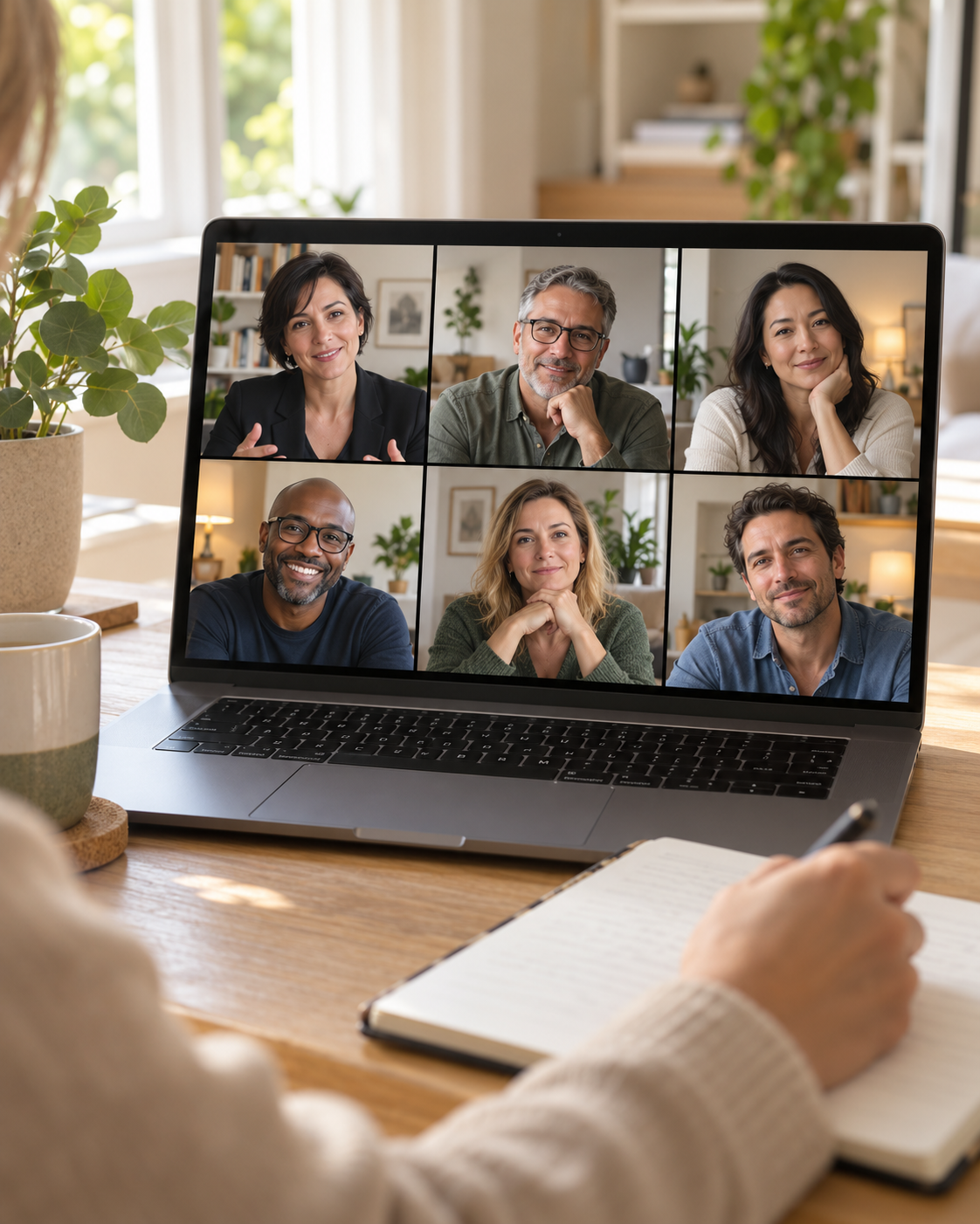 A person taking notes during a virtual video conference with six diverse participants on a laptop screen.