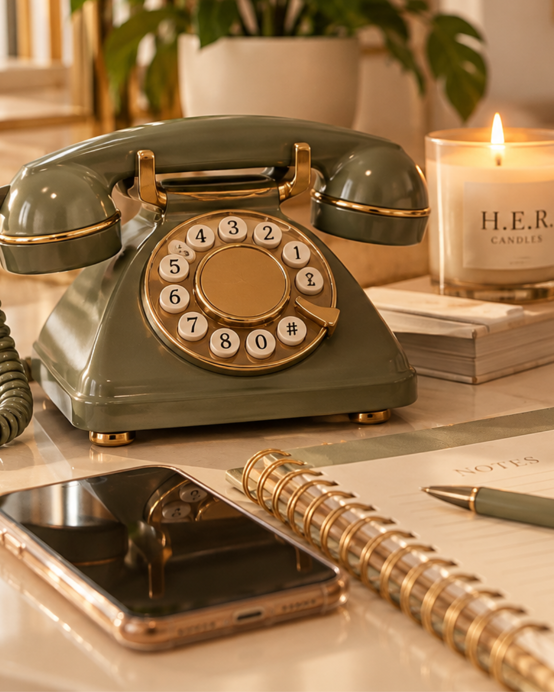 A vintage green rotary telephone with gold accents, a lit candle in a glass container labeled 'H.E.R. Candles', a stacked notebook with a pen on top, a smartphone, and a spiral notebook with handwritten notes on a desk.