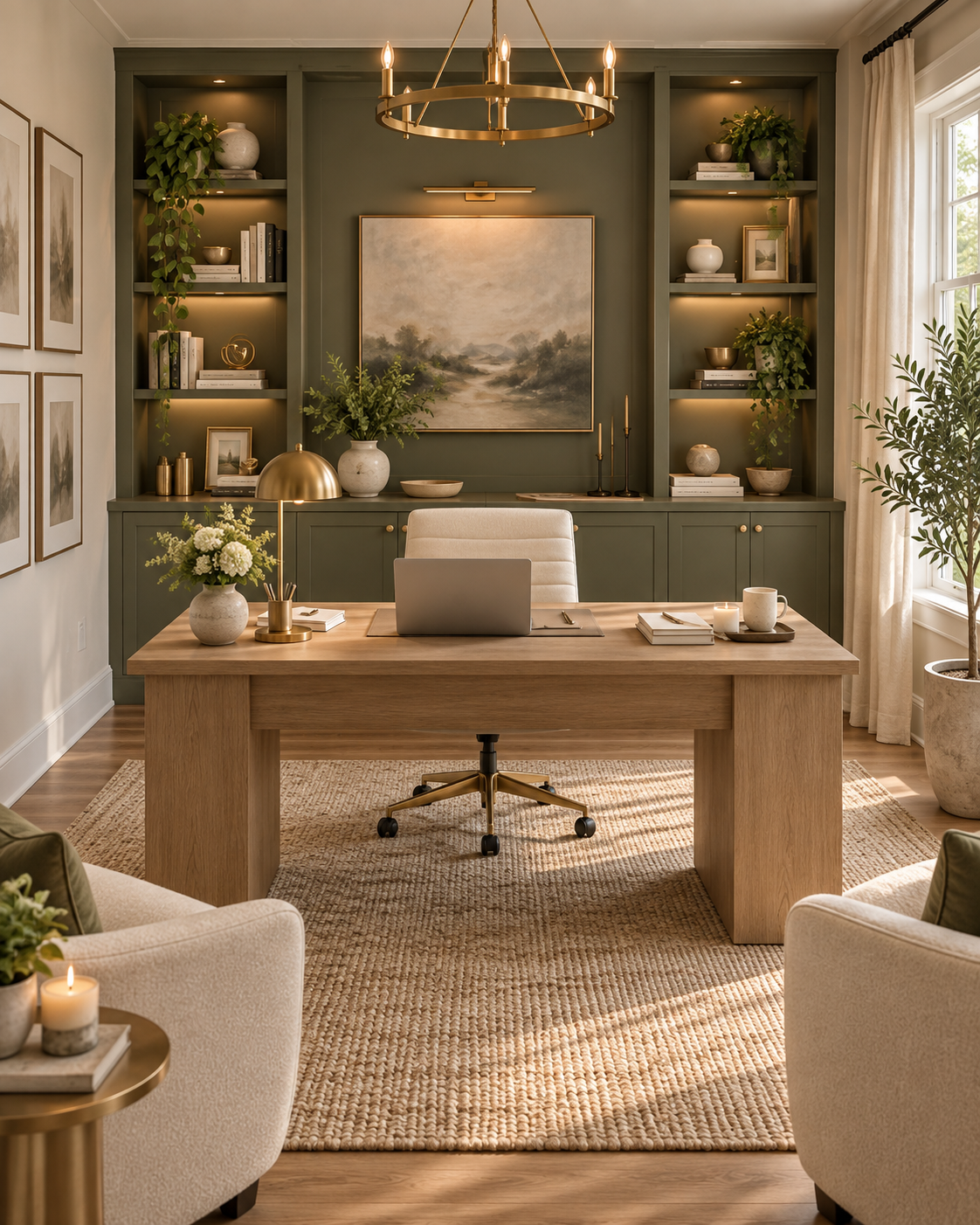 A stylish home office with a large wooden desk, a beige office chair, and a green wall with built-in bookshelves decorated with plants, artwork, and decorative items. Sunlight streams through a window to the right.