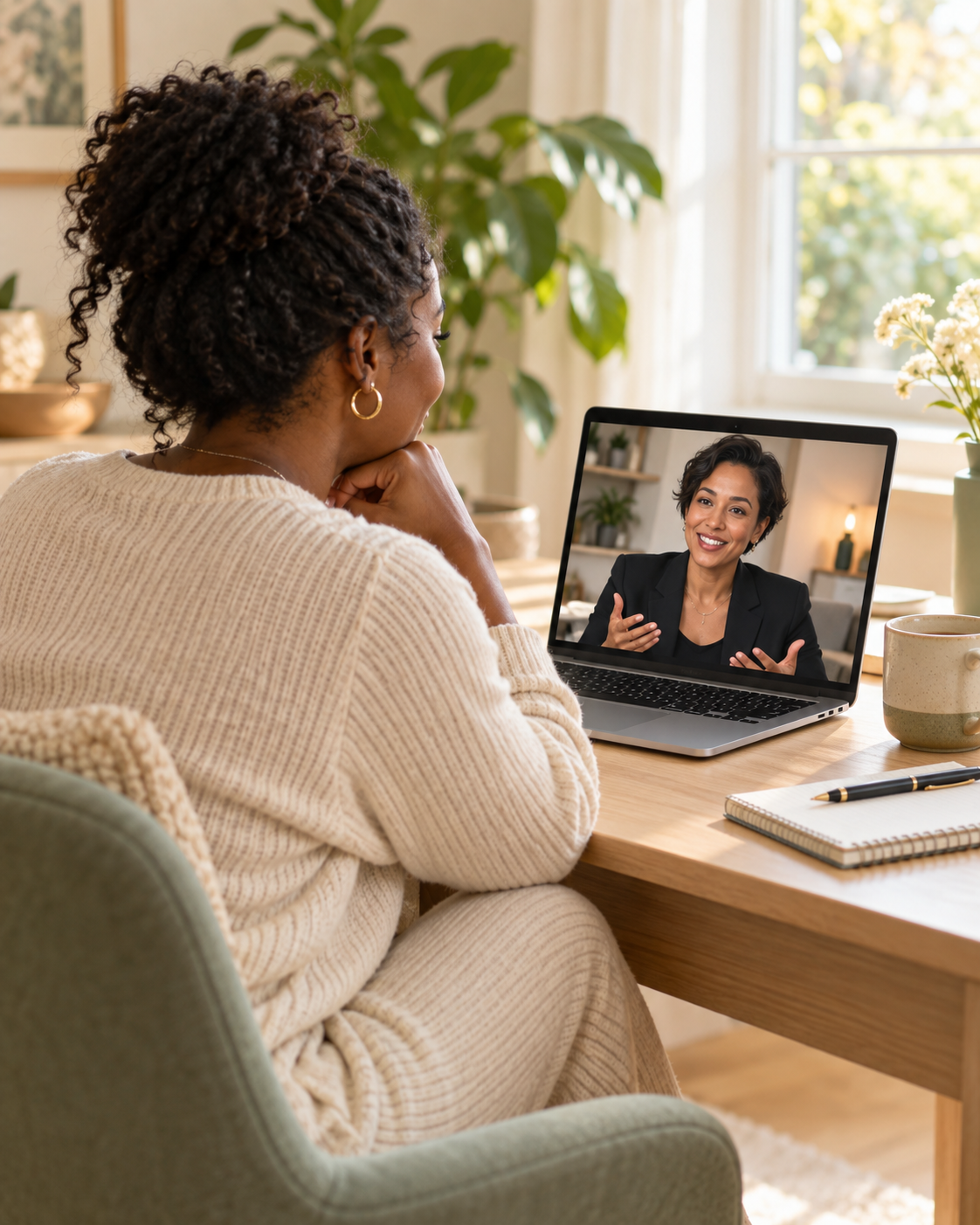 A woman with curly hair and gold hoop earrings sits at a wooden table, listening to another woman on a video call on her laptop. The woman on the screen has short black hair and is wearing a black blazer, smiling and gesturing with her hands. The setting is a bright room with a window, plants, and decorative items.