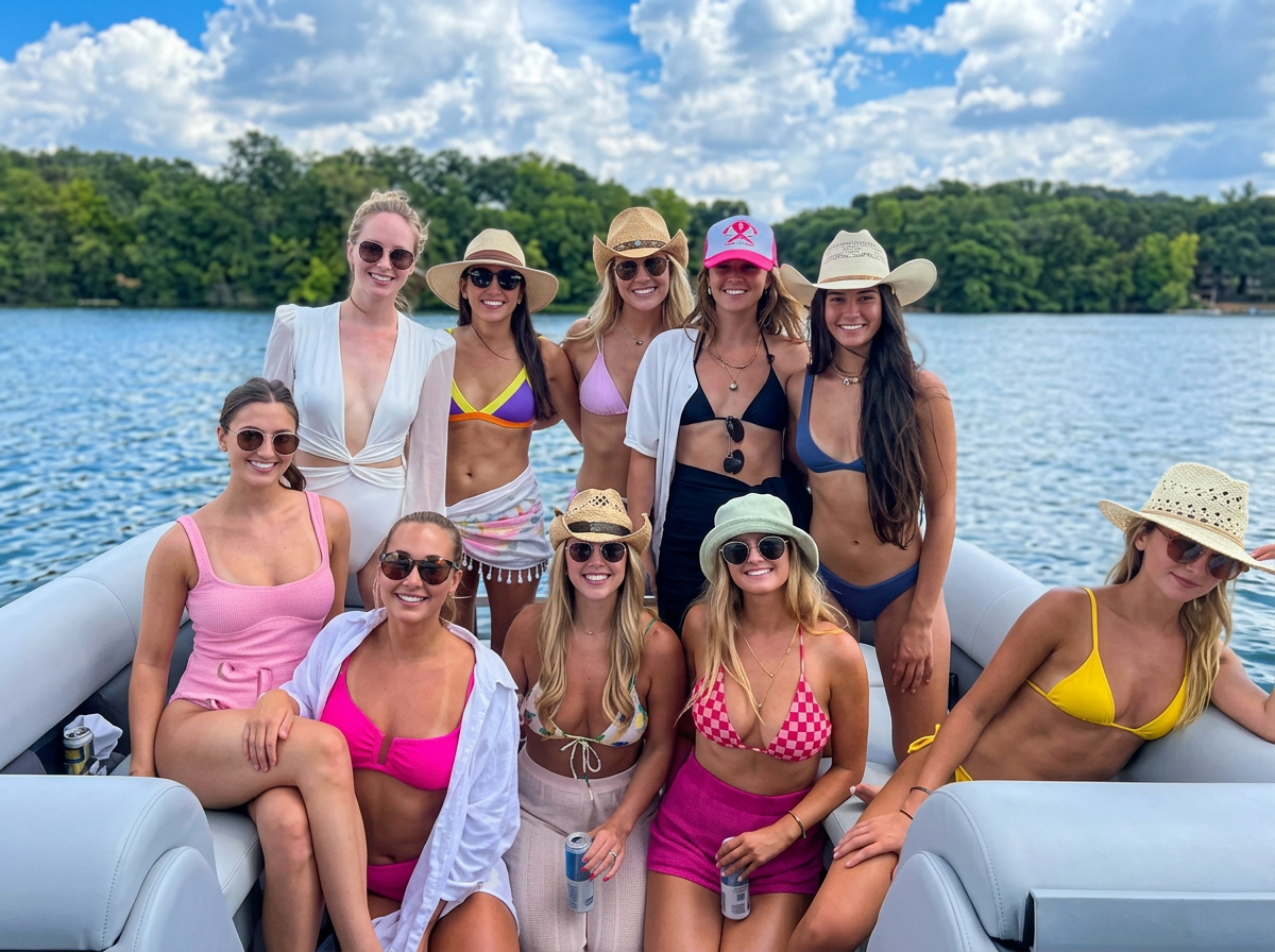 Group of women in swimsuits and summer hats on a boat by a lake, smiling.