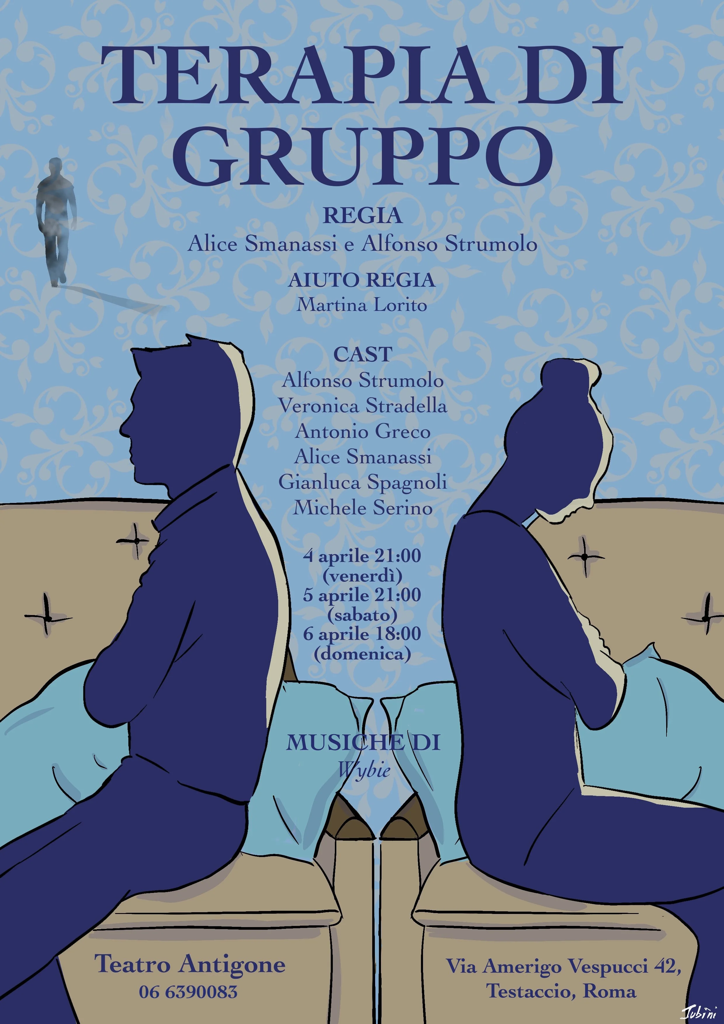 Locandina di uno spettacolo teatrale intitolato 'Terapia di Gruppo'. In alto al centro, testi in italiano con dettagli sul regista, assistente regia, cast e date degli spettacoli. Sullo sfondo, due persone sedute su un divano, unite da un cavo audio,