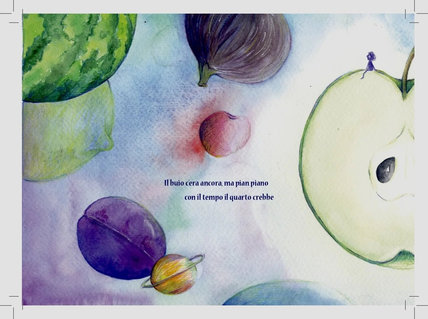 Illustrazione a colori di una mela, un'uva, una ciliegia, una pesca, un'anguria, e un personaggio piccolo seduto sulla mela, con un verso in italiano scritto al centro.