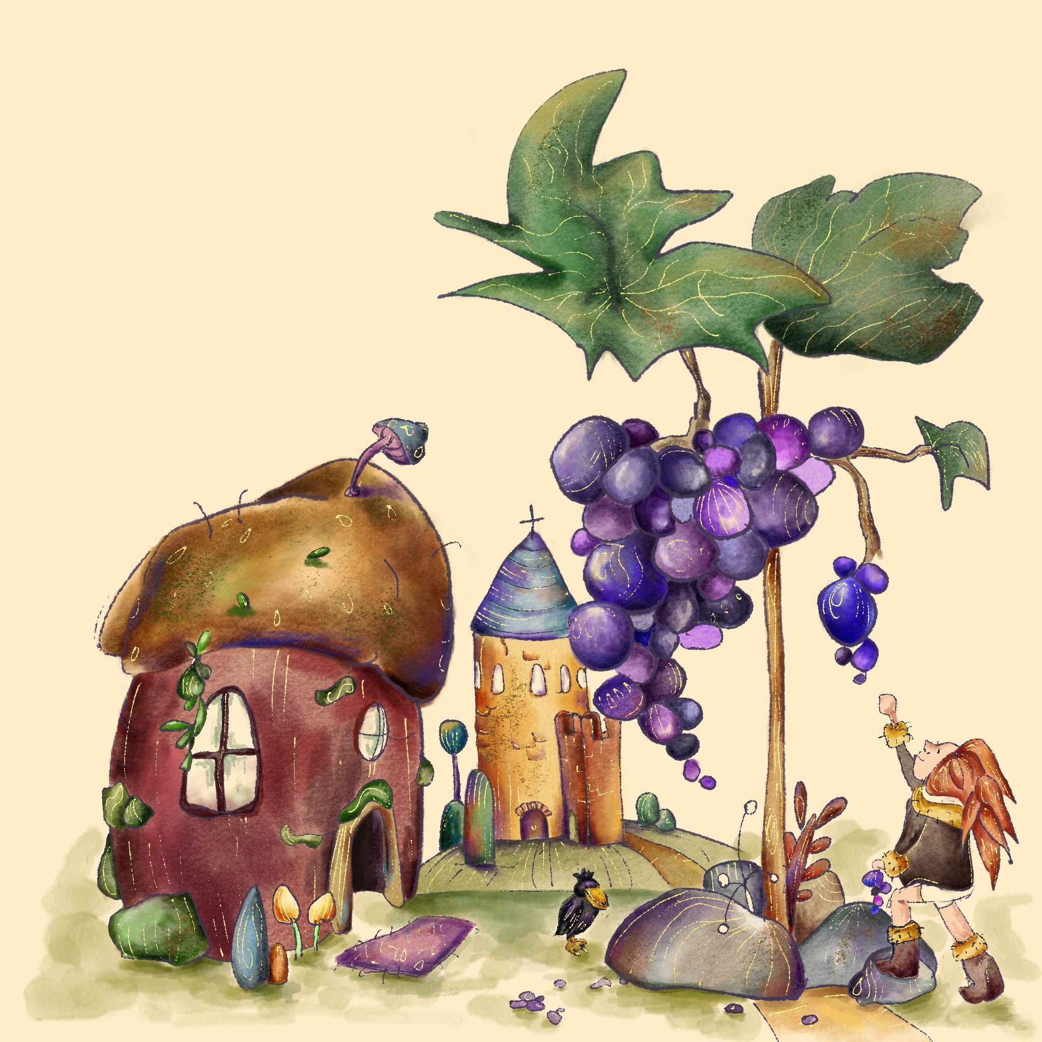 Acquarello di un paesaggio fantasia con uva, foglie, funghi e insetti in stile illustrativo