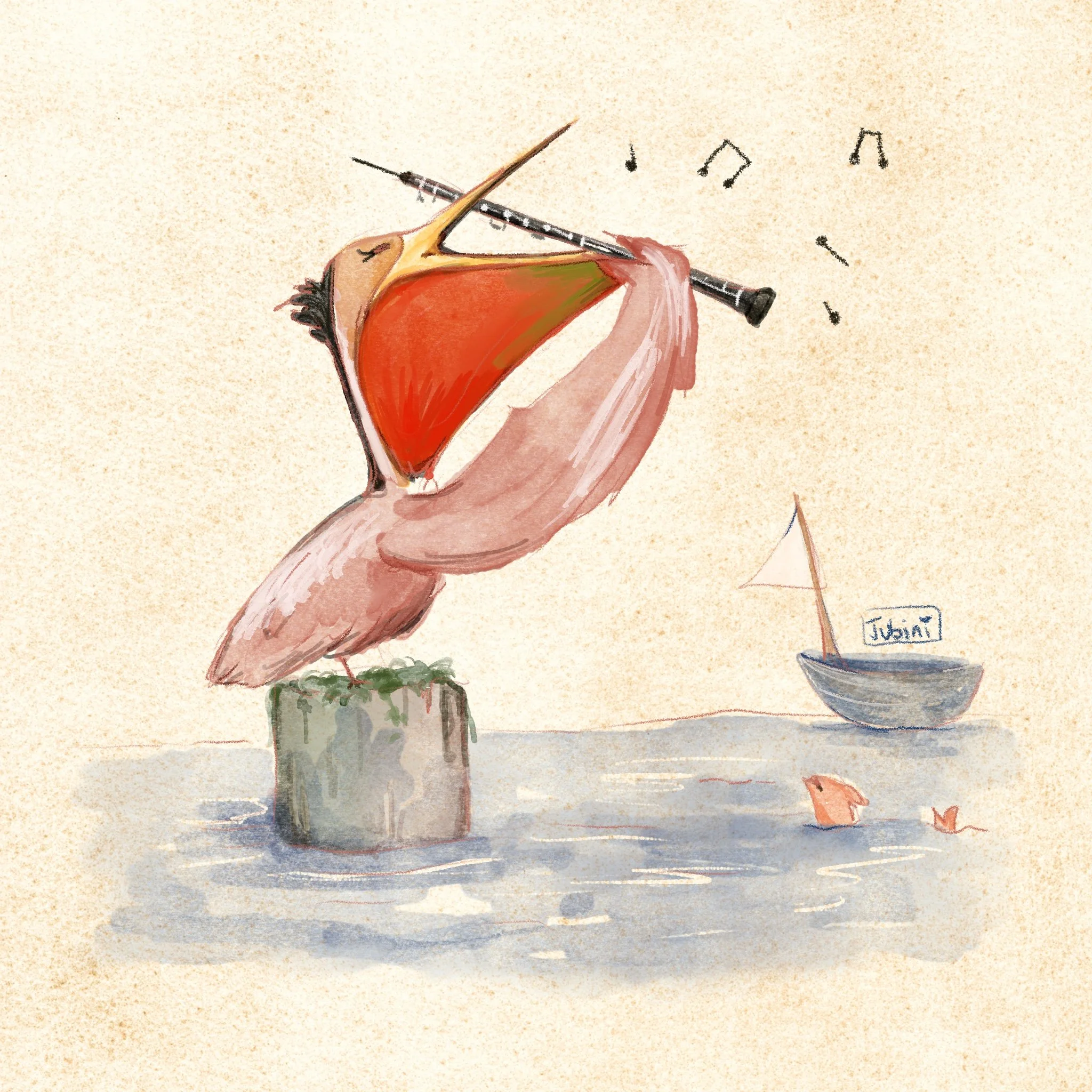 A bird playing the flute on a rock in the water.